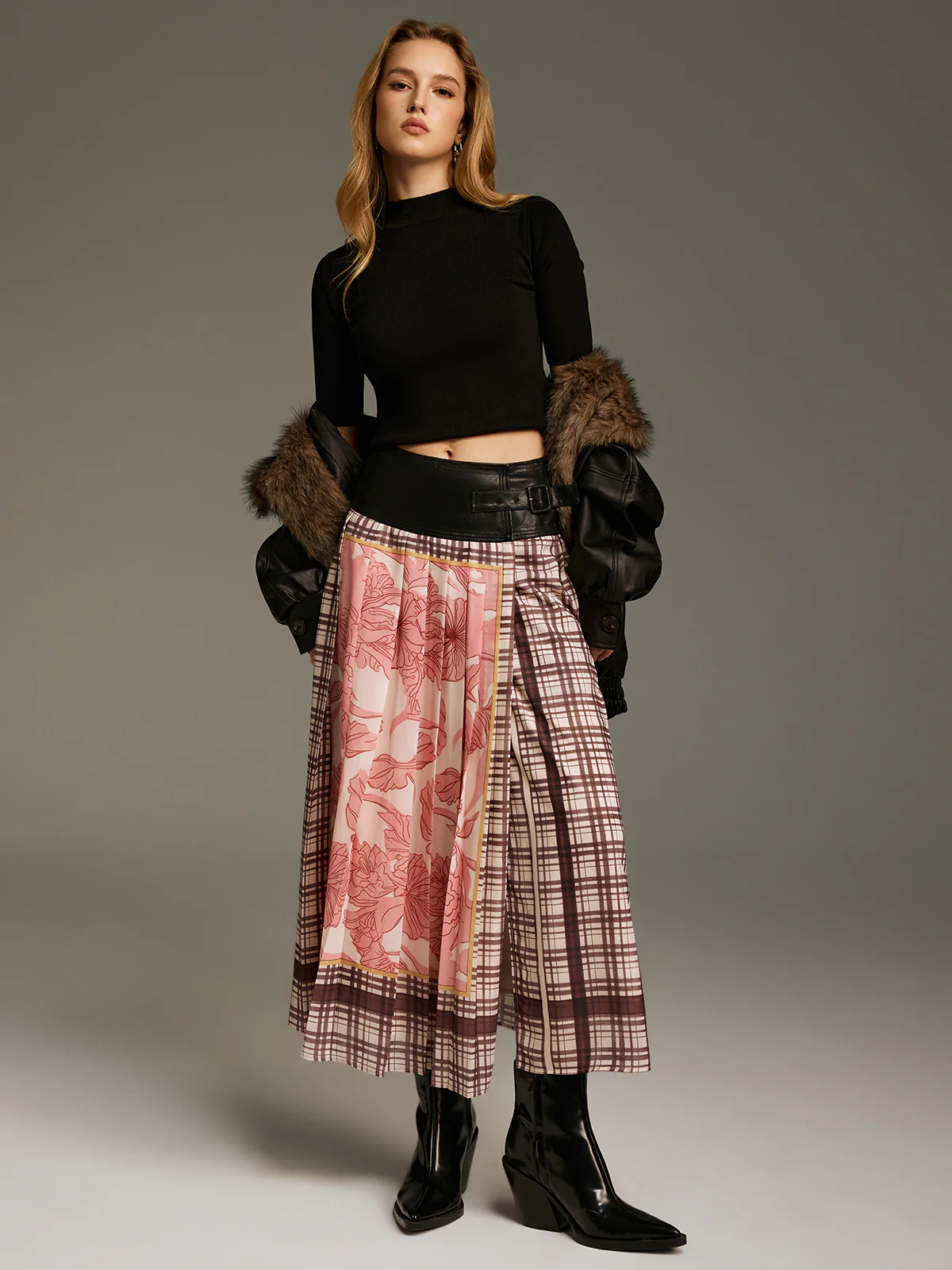 Floral & Plaid Print Pleated Maxi Skirt - Image 2