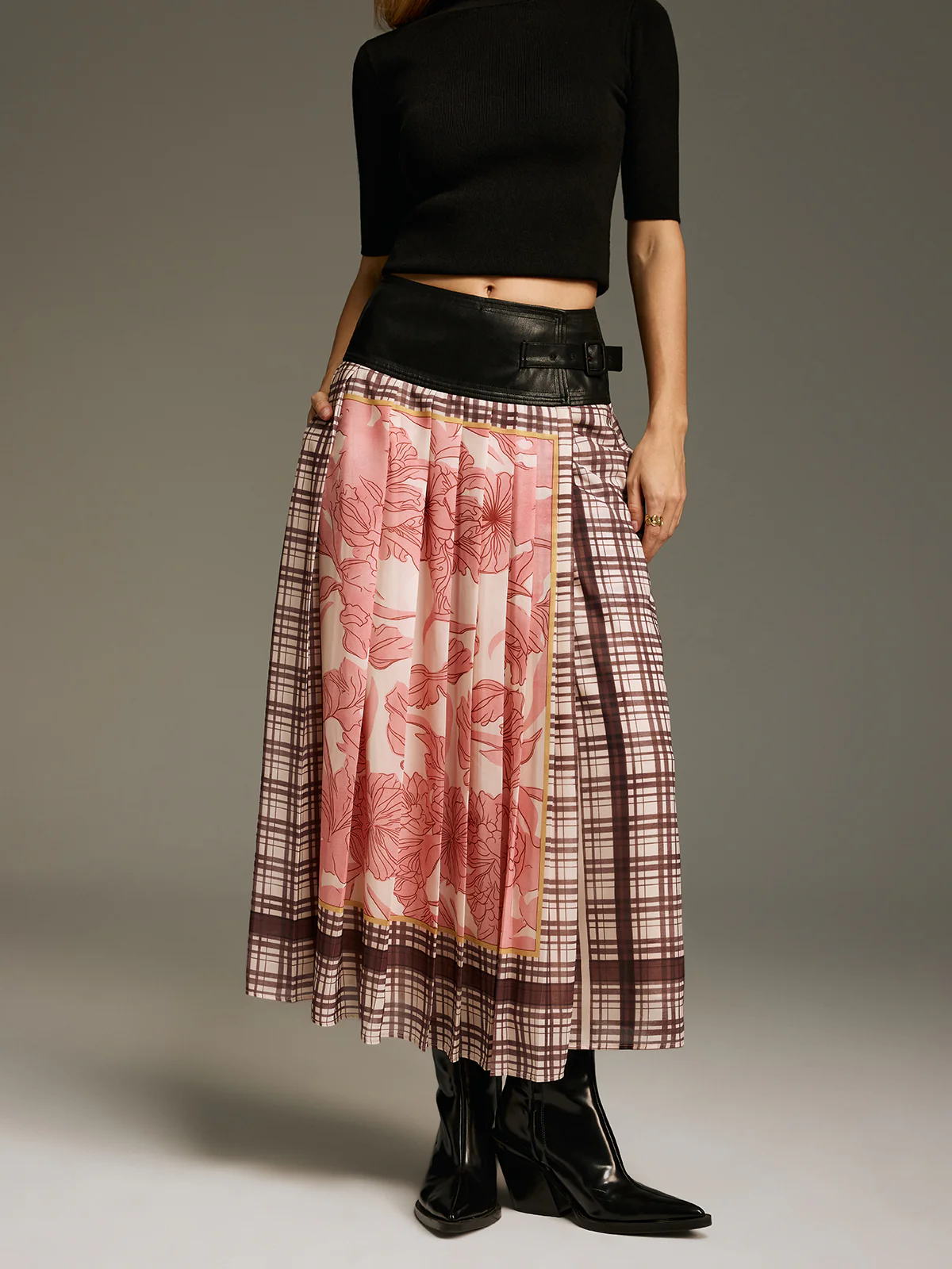 Floral & Plaid Print Pleated Maxi Skirt - Image 3