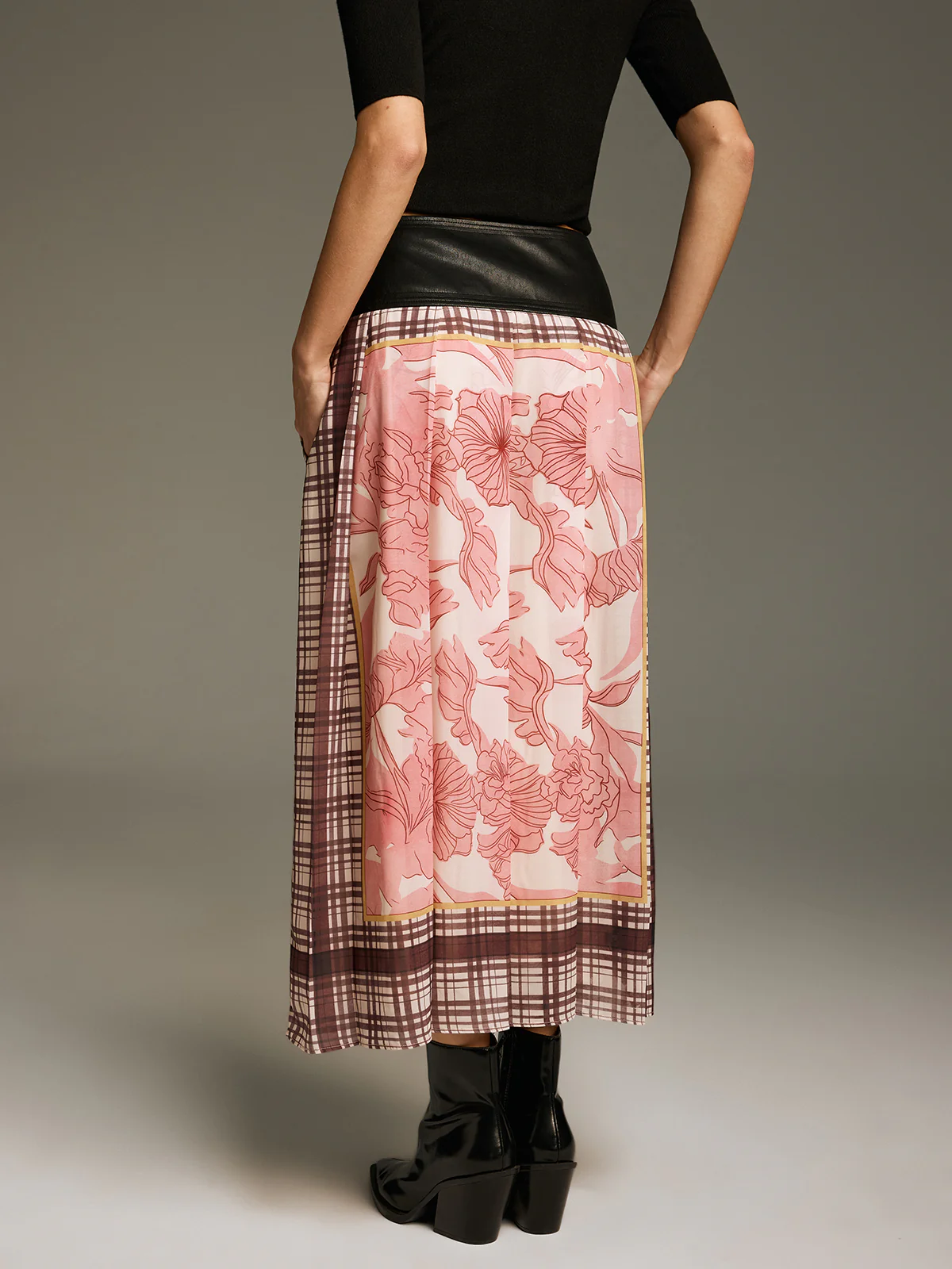 Floral & Plaid Print Pleated Maxi Skirt - Image 6