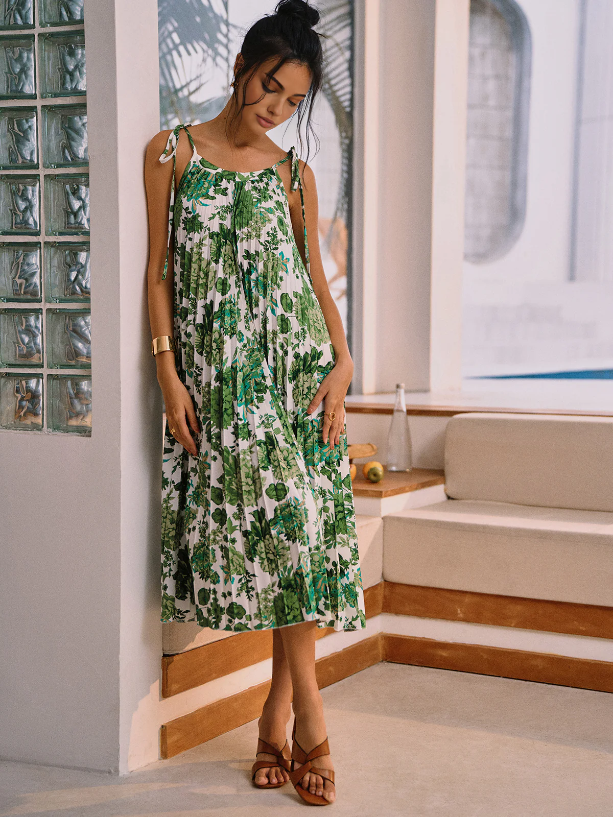 Floral Pleated Knotted Midi Dress - Image 3