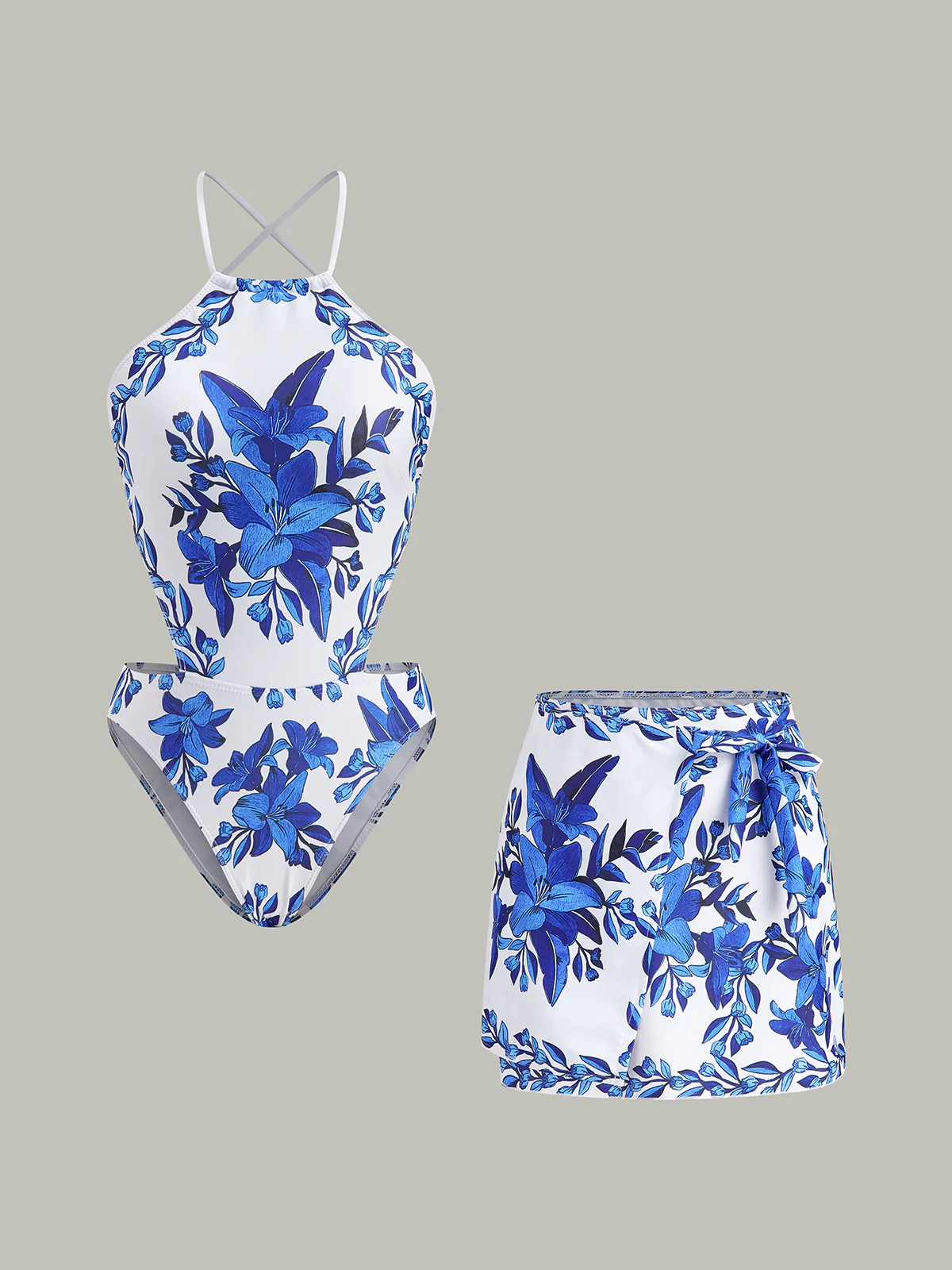 Floral Print Back Tie One-Piece Swimsuit With Cover-Up Skirt - Image 7