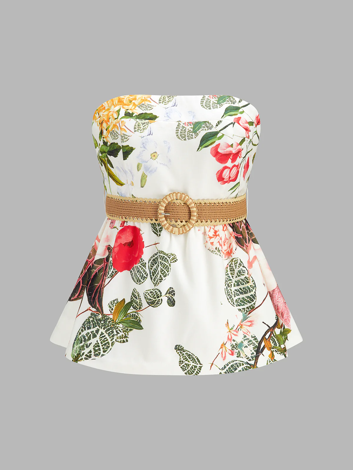 Floral Print Belted Strapless Top & Shorts Set - Image 2