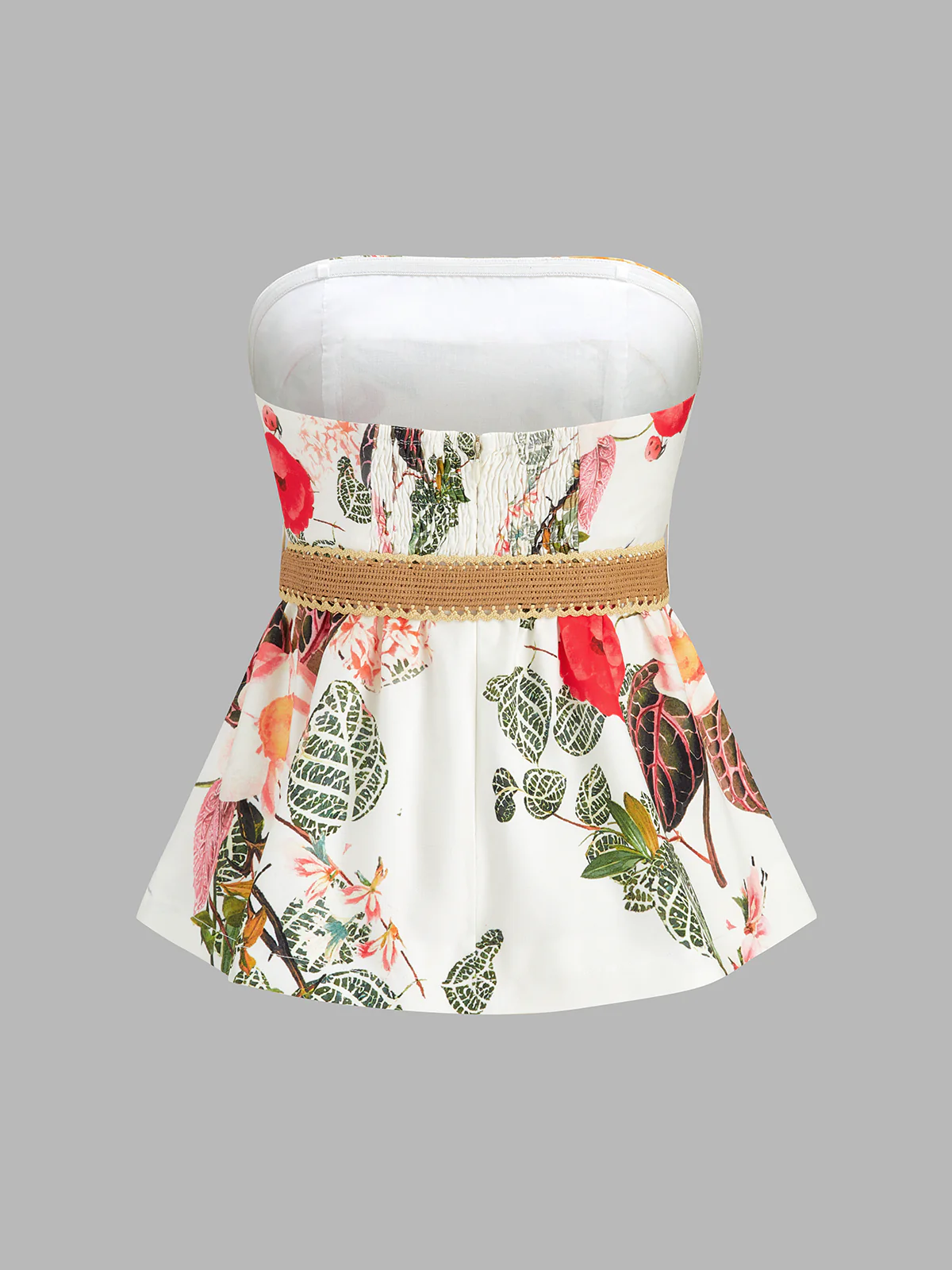 Floral Print Belted Strapless Top & Shorts Set - Image 3