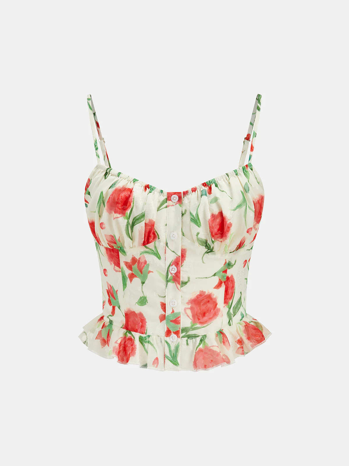 Floral Print Button Front Ruffled Cami Top