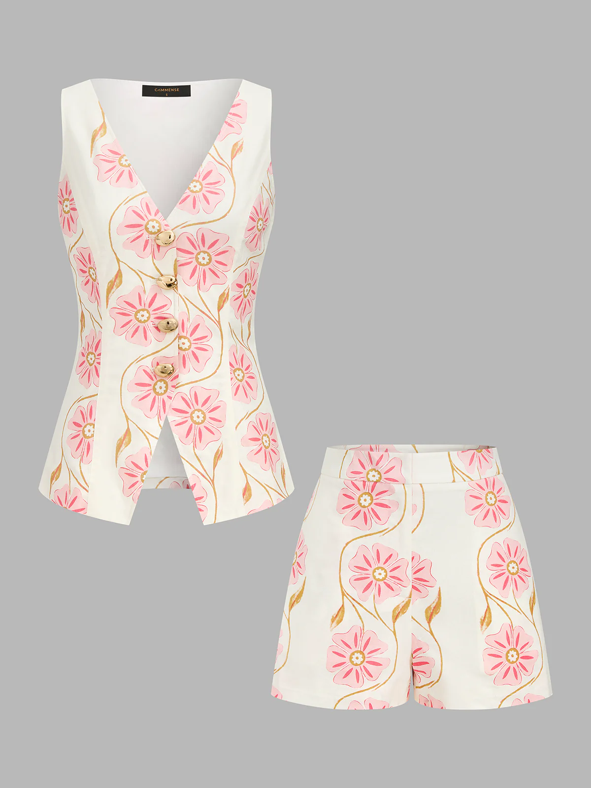 Floral Print Cotton Linen Vest & Shorts Set - Image 2