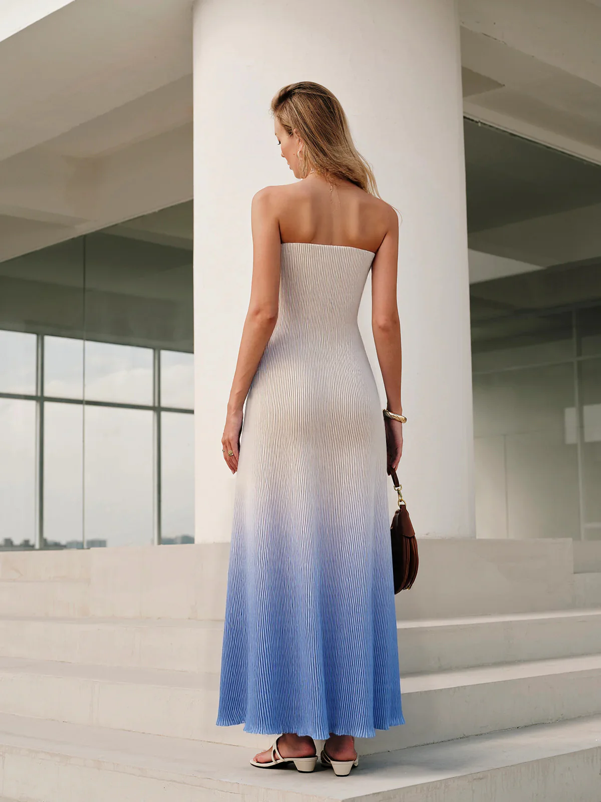 Floral Print Gradient Strapless Pleated Maxi Dress - Image 3