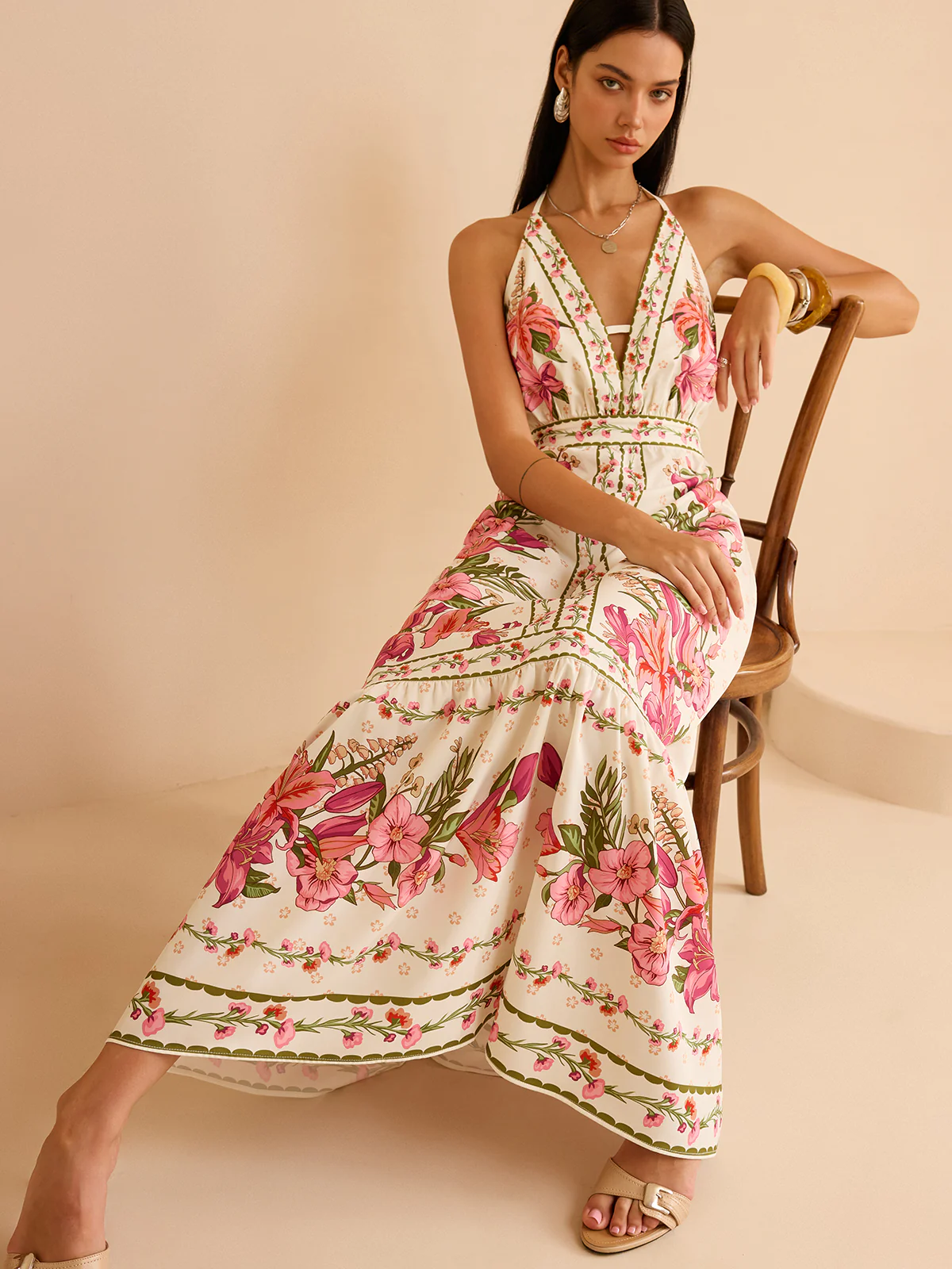 Floral Print Halter Backless Maxi Dress - Image 5