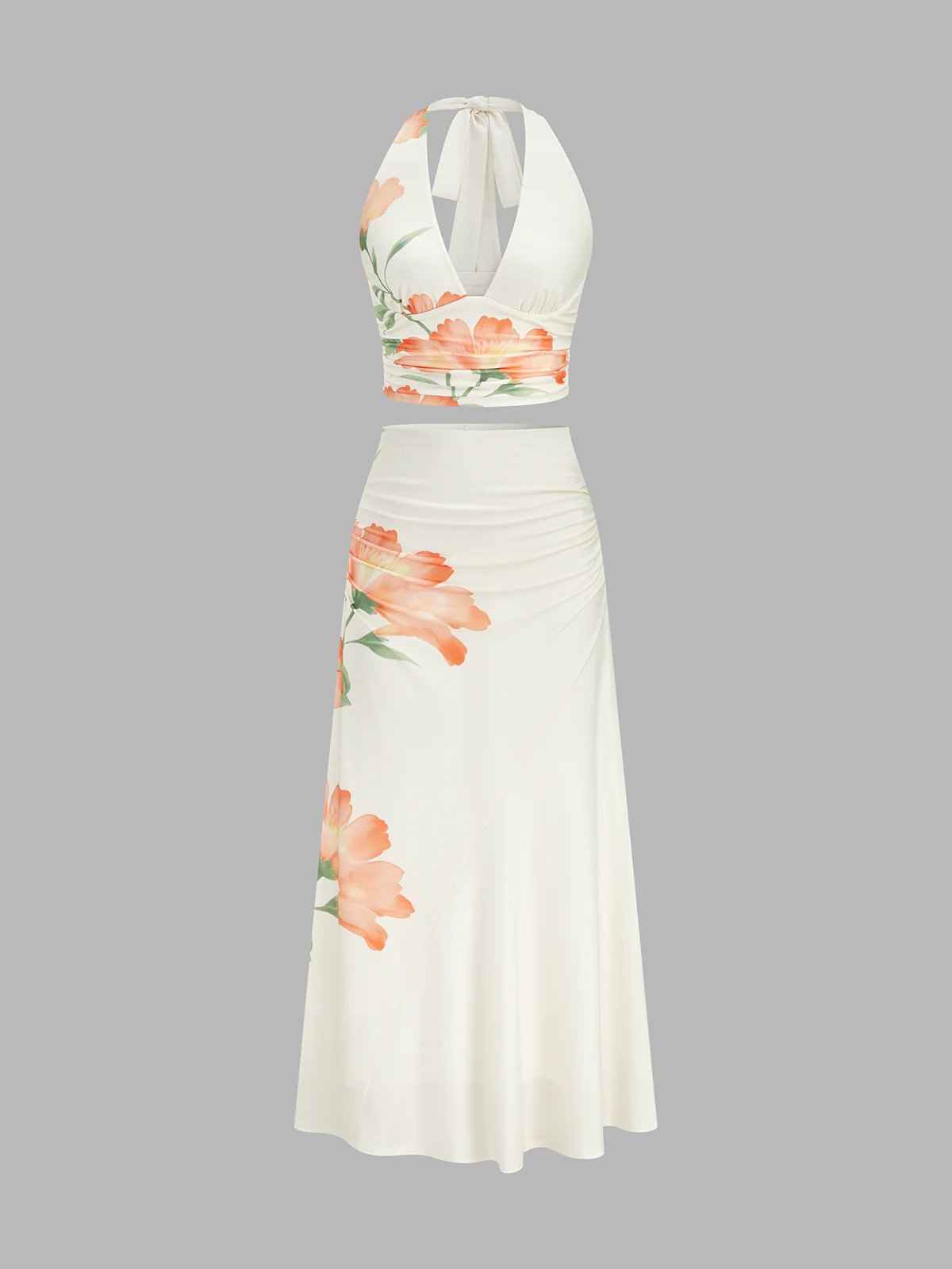Floral Print Halter Crop Top & Ruched Skirt Set - Image 2