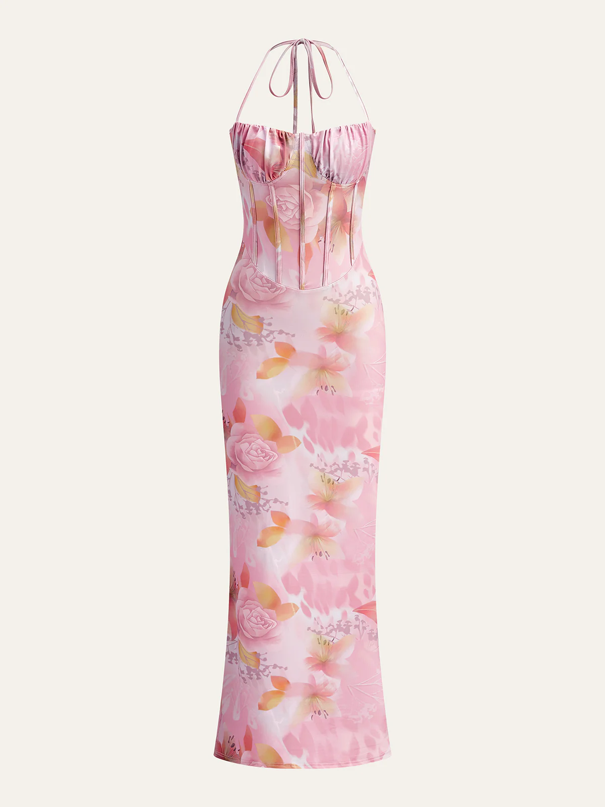Floral Print Halter Dress With Corset Detail