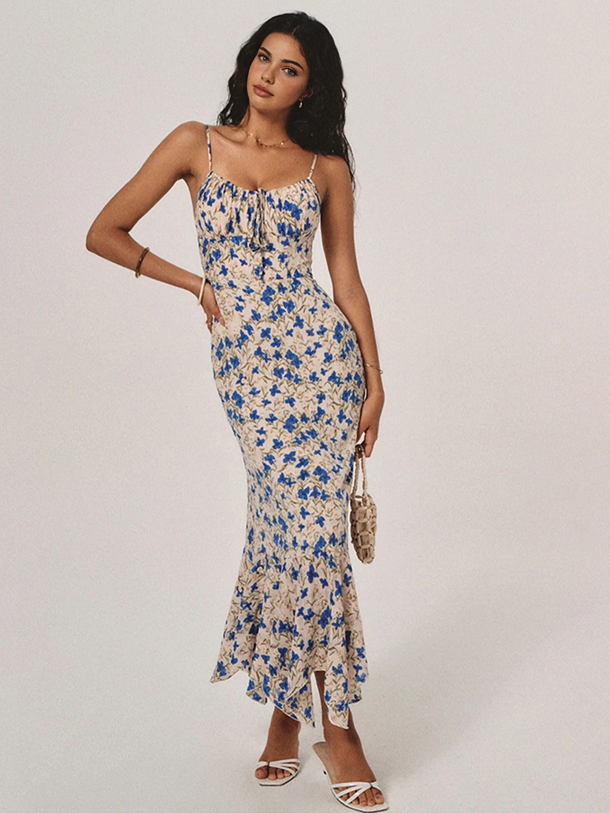 Floral Print Knotted Irregular Hem Long Dress - Image 3