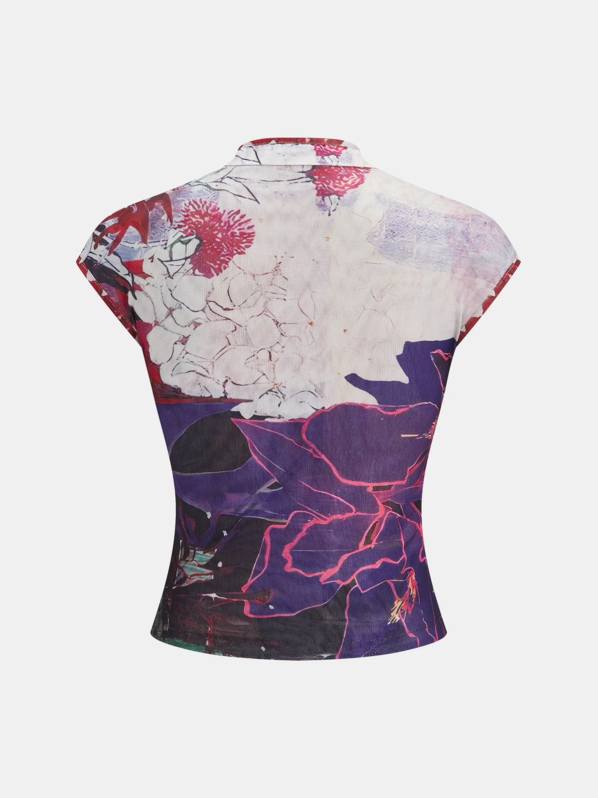 Floral Print Mandarin Collar Mesh Top - Image 2