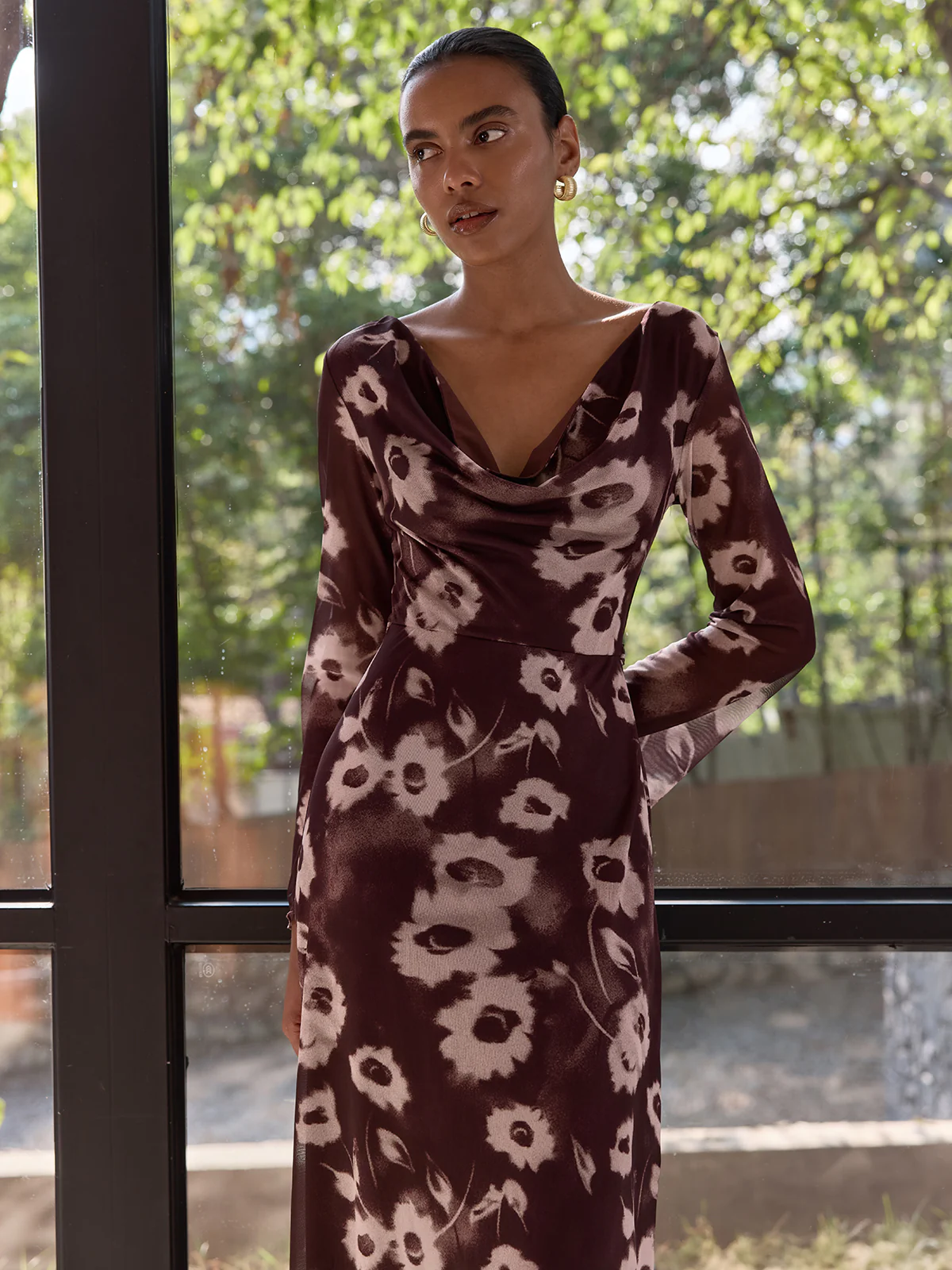Floral Print Mesh Cowl Neck Maxi Dress - Image 2