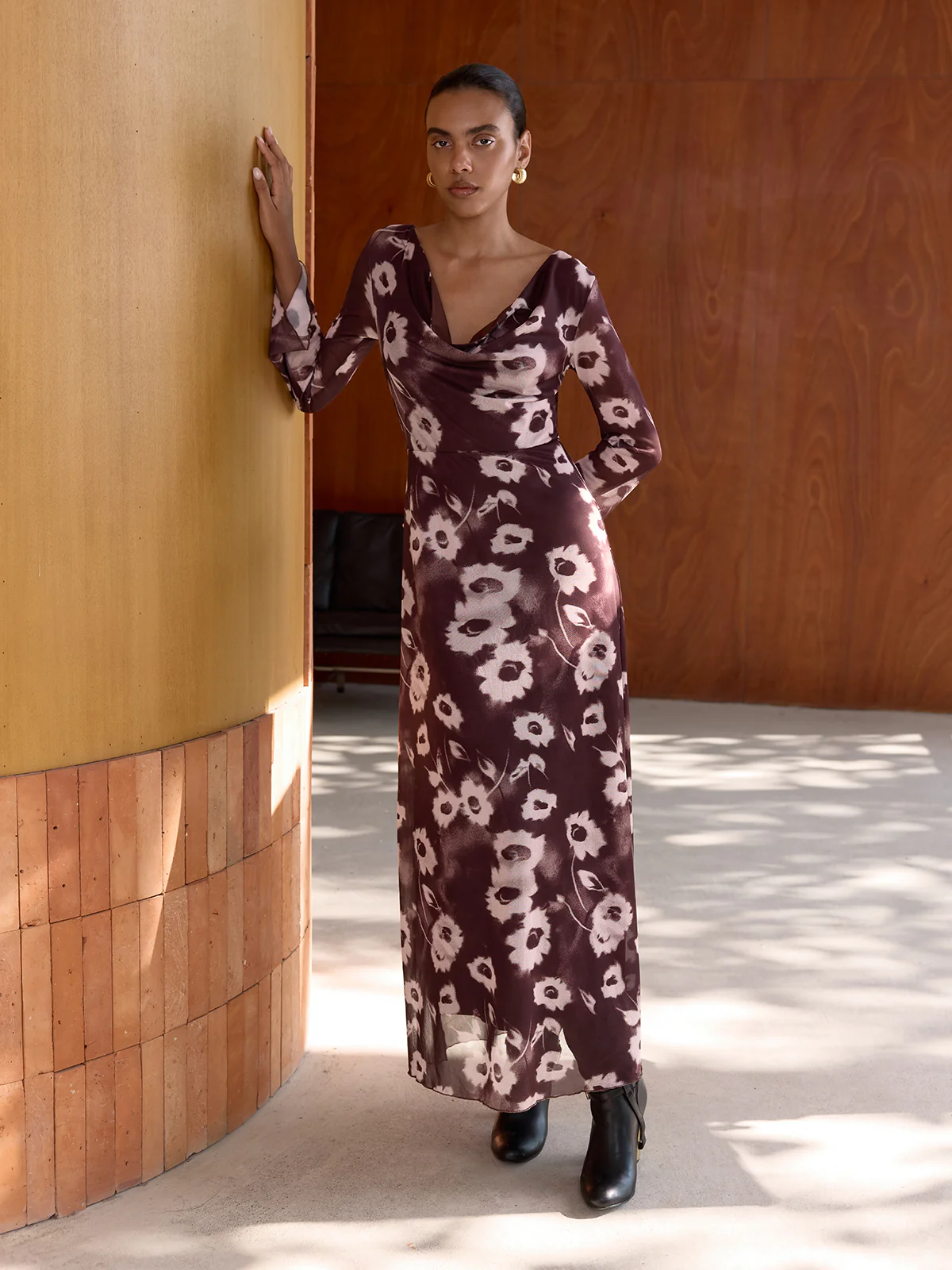 Floral Print Mesh Cowl Neck Maxi Dress - Image 3