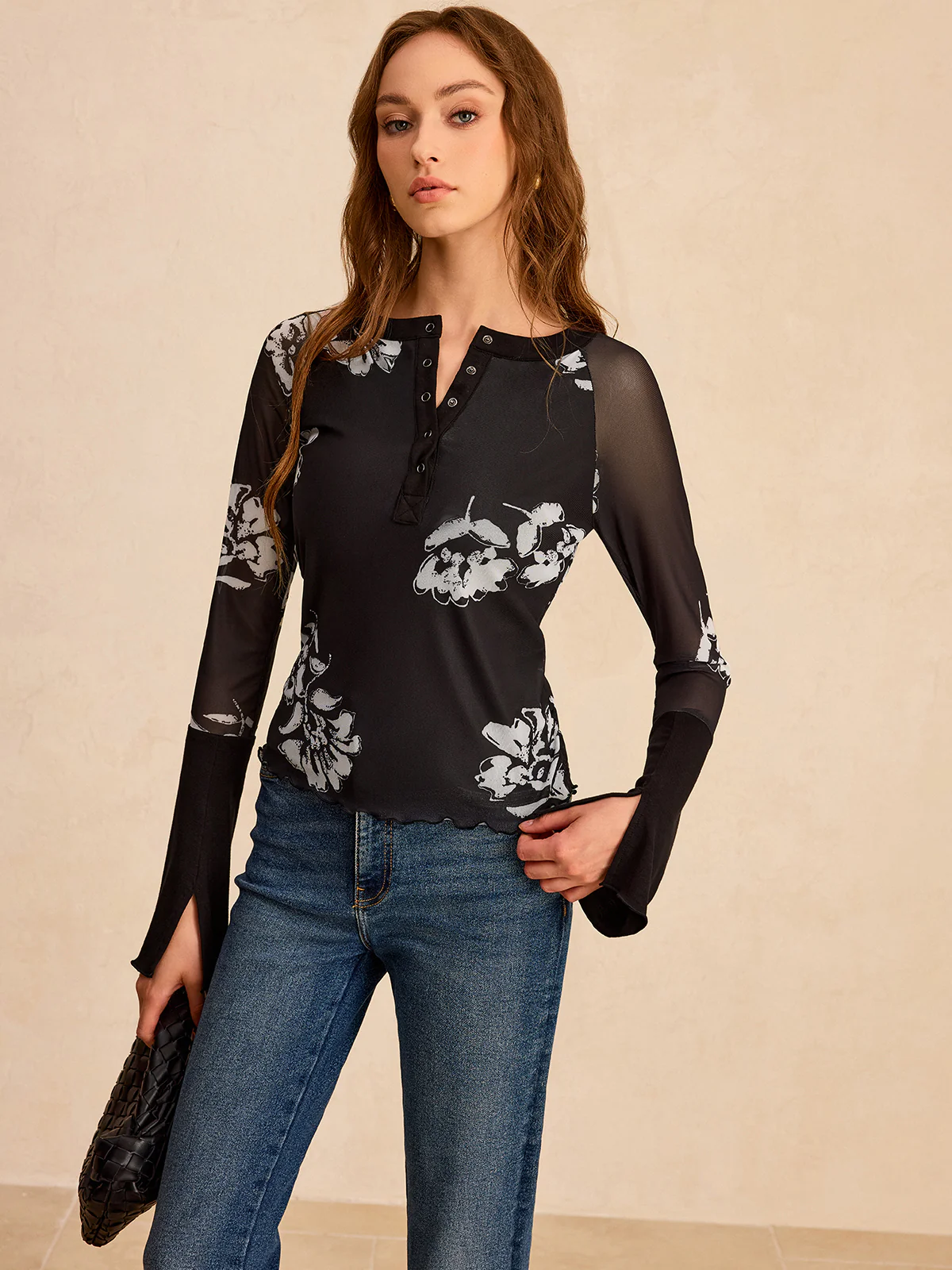 Floral Print Mesh Sleeve T-Shirt - Image 4