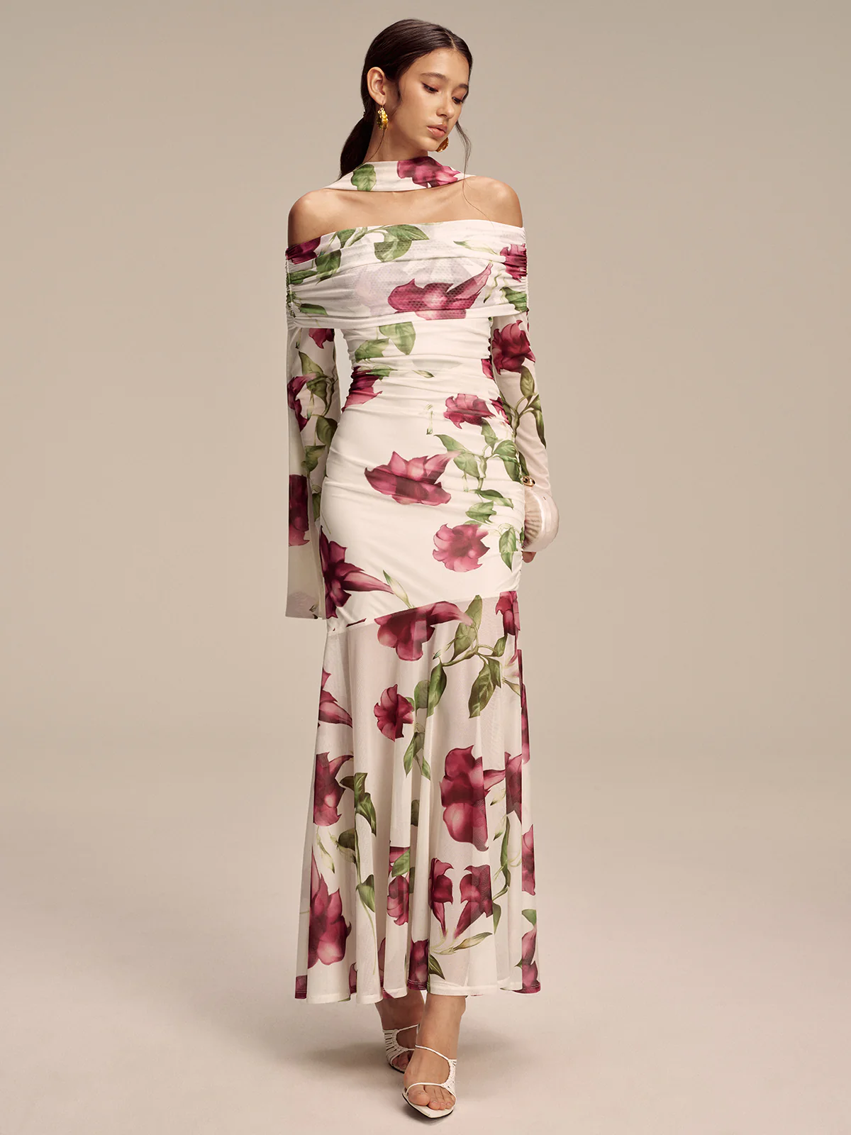 Floral Print Off-Shoulder Mesh Maxi Dress with Scarf Detail - Image 2