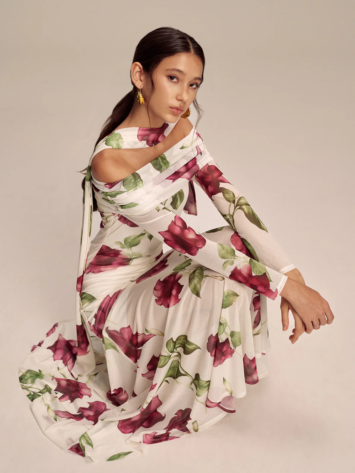 Floral Print Off-Shoulder Mesh Maxi Dress with Scarf Detail - Image 3