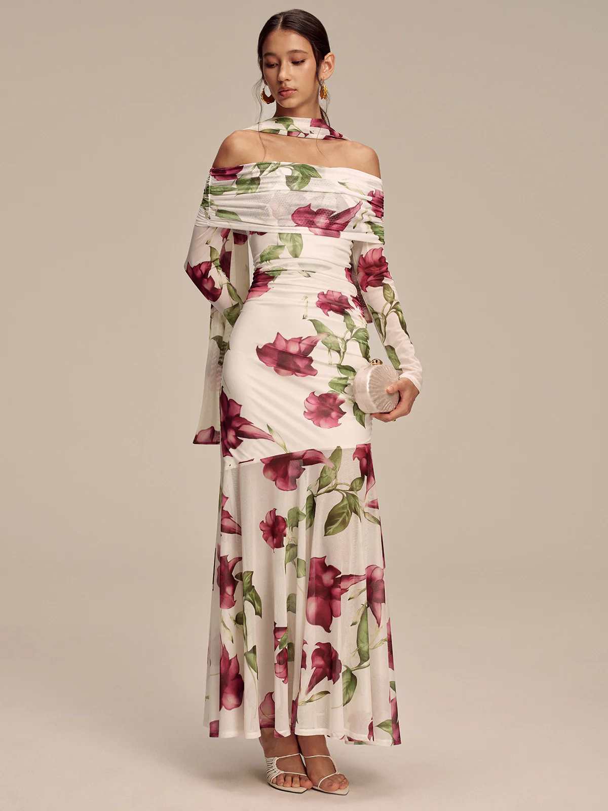 Floral Print Off-Shoulder Mesh Maxi Dress with Scarf Detail - Image 5