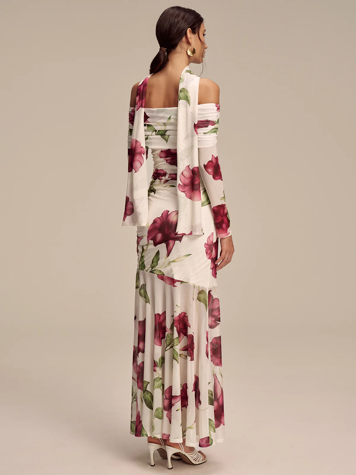 Floral Print Off-Shoulder Mesh Maxi Dress with Scarf Detail - Image 6