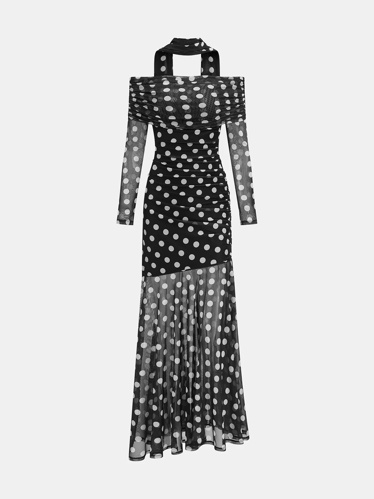 Floral Print Off-Shoulder Mesh Maxi Dress with Scarf Detail - Image 7