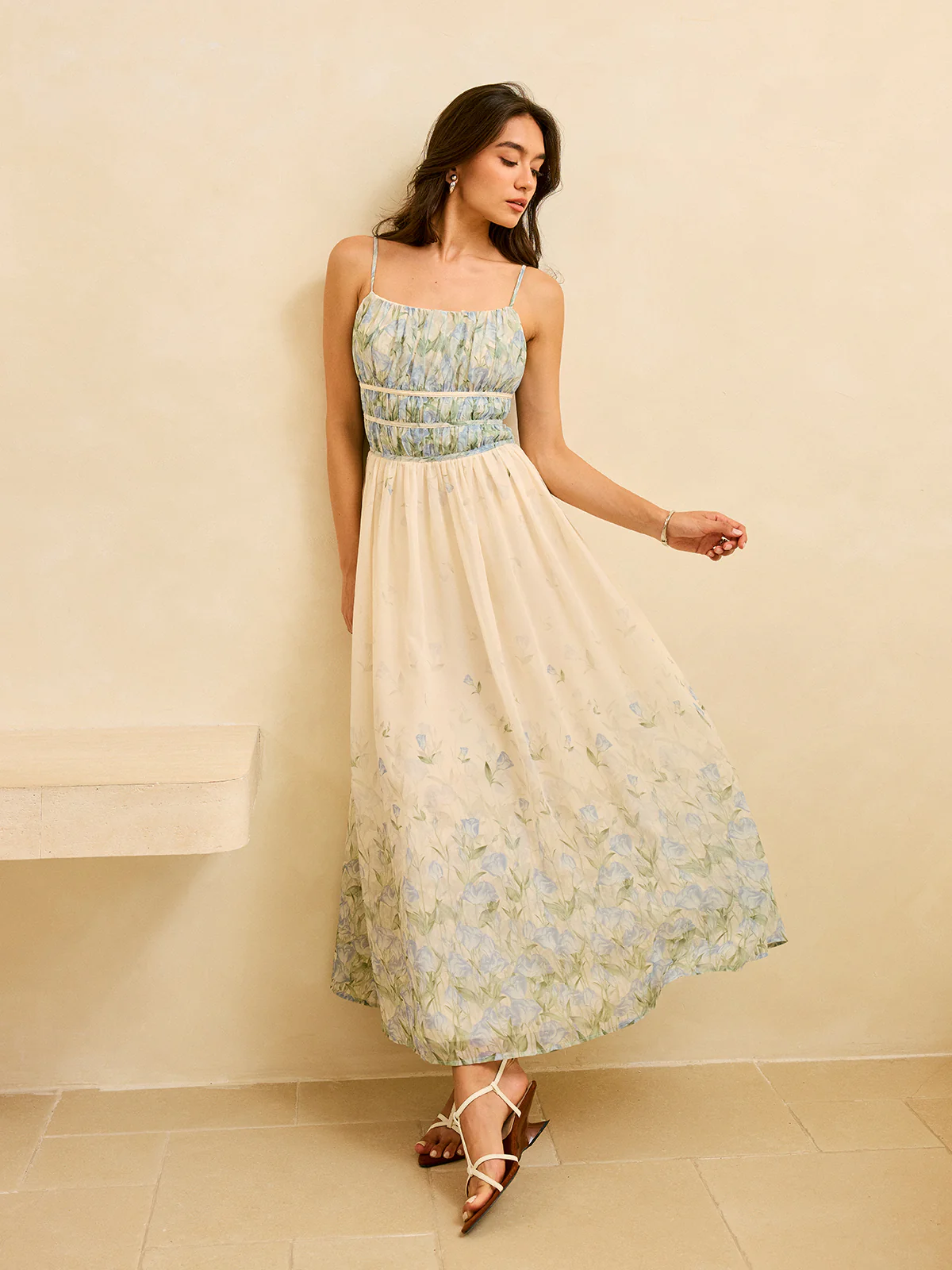 Semi-Sheer Floral Print Pleat Waist Tiered Maxi Dress - Image 2