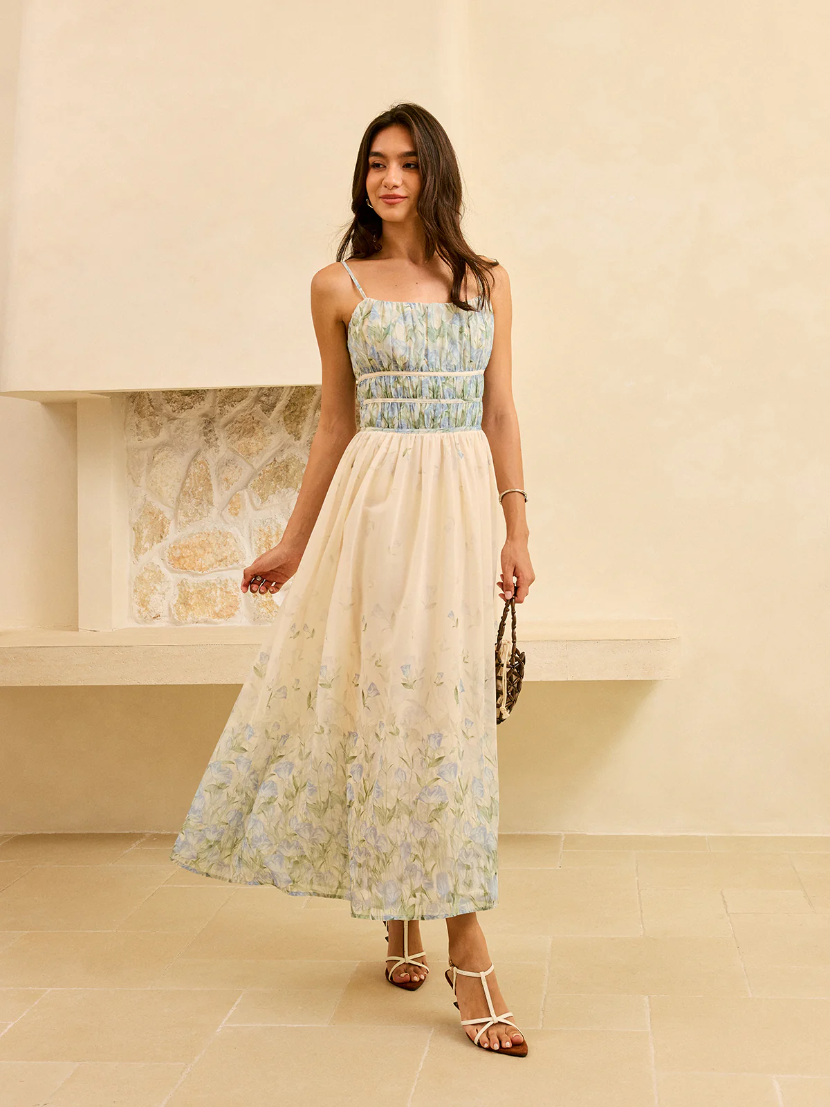 Semi-Sheer Floral Print Pleat Waist Tiered Maxi Dress - Image 3