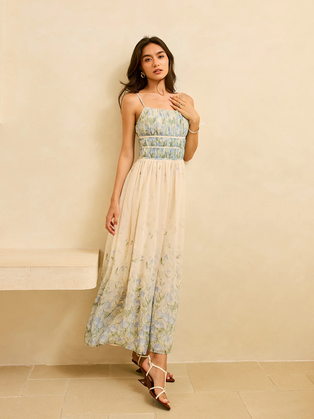 Semi-Sheer Floral Print Pleat Waist Tiered Maxi Dress - Image 4