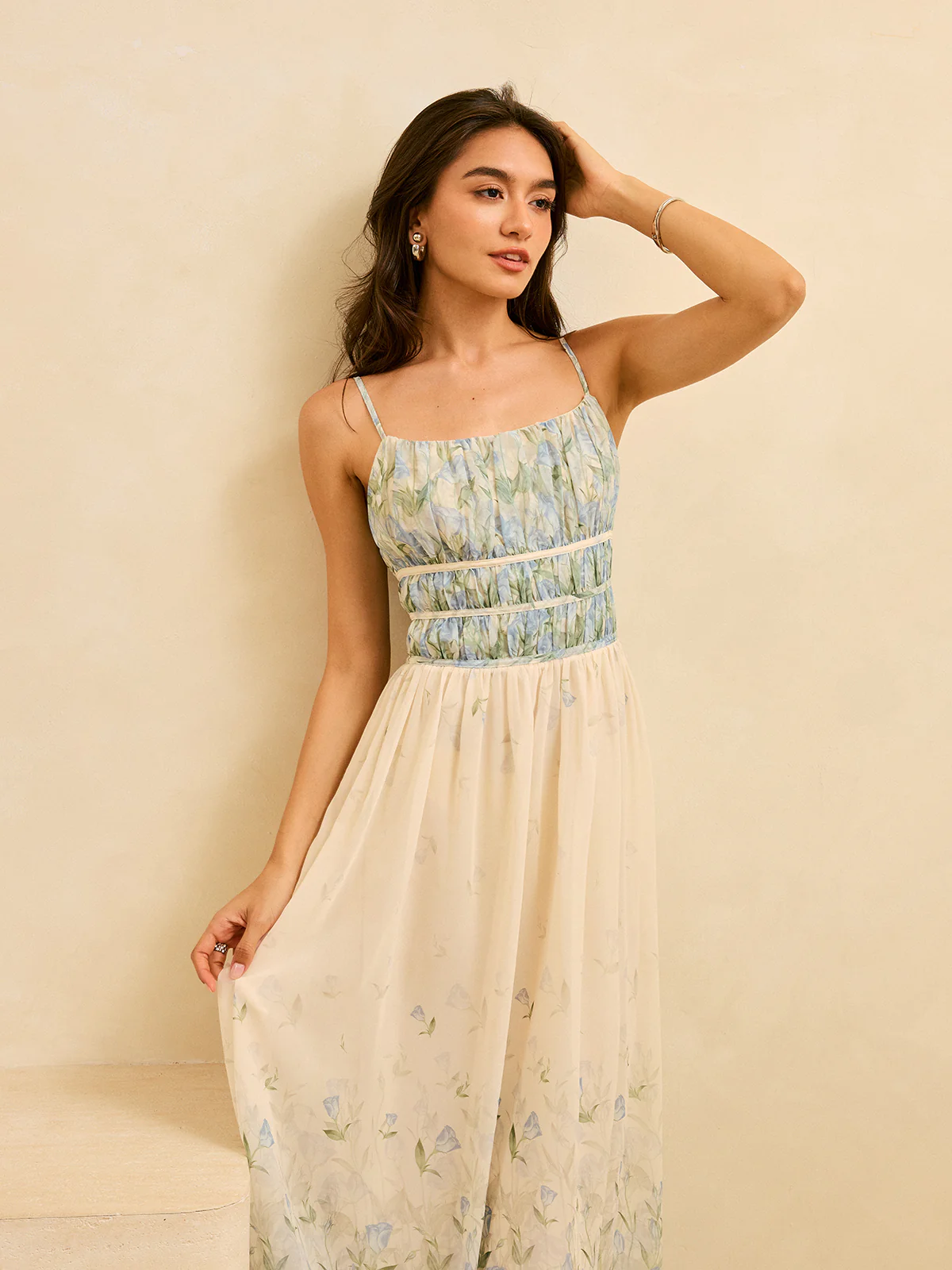 Semi-Sheer Floral Print Pleat Waist Tiered Maxi Dress - Image 5