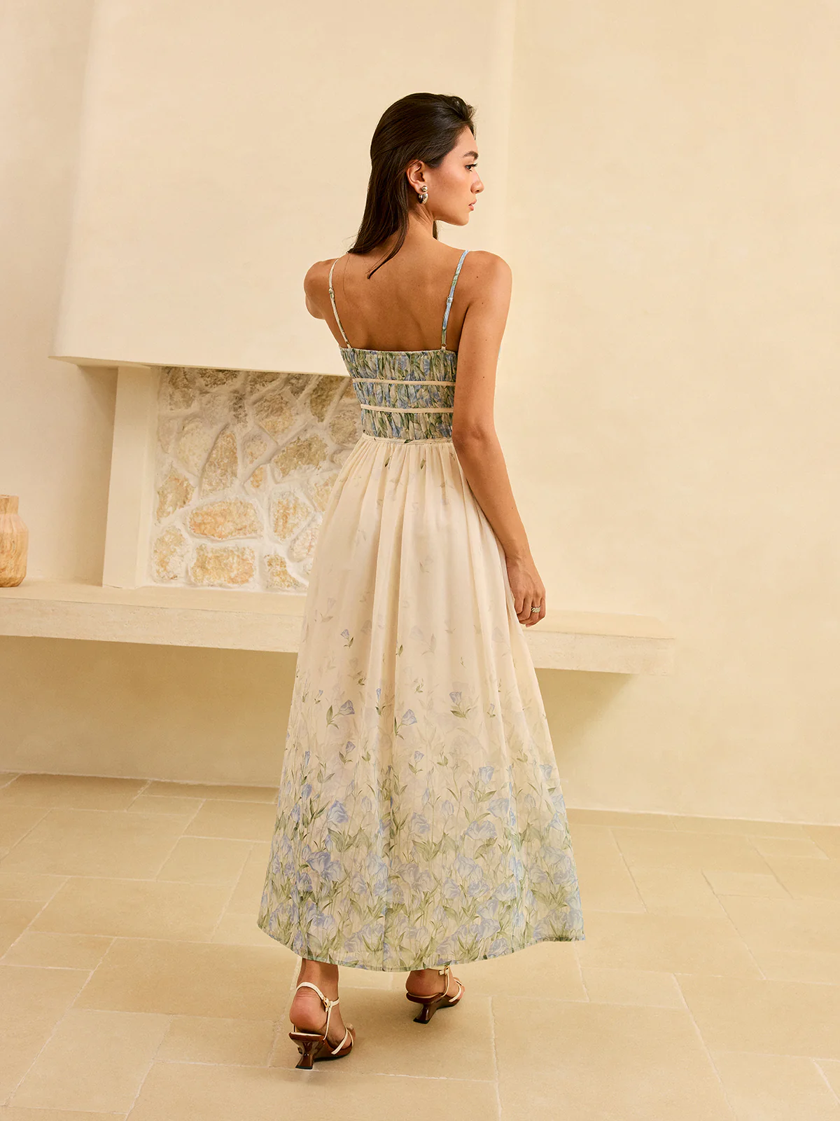 Semi-Sheer Floral Print Pleat Waist Tiered Maxi Dress - Image 6