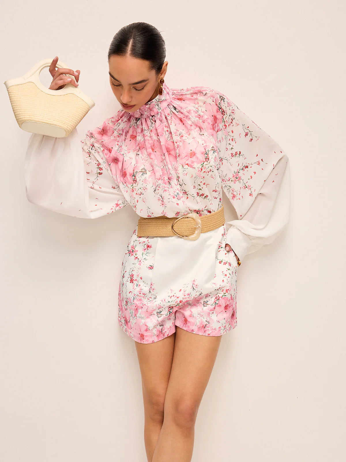 Floral Print Pleated Shorts Set Without Belt - Image 5