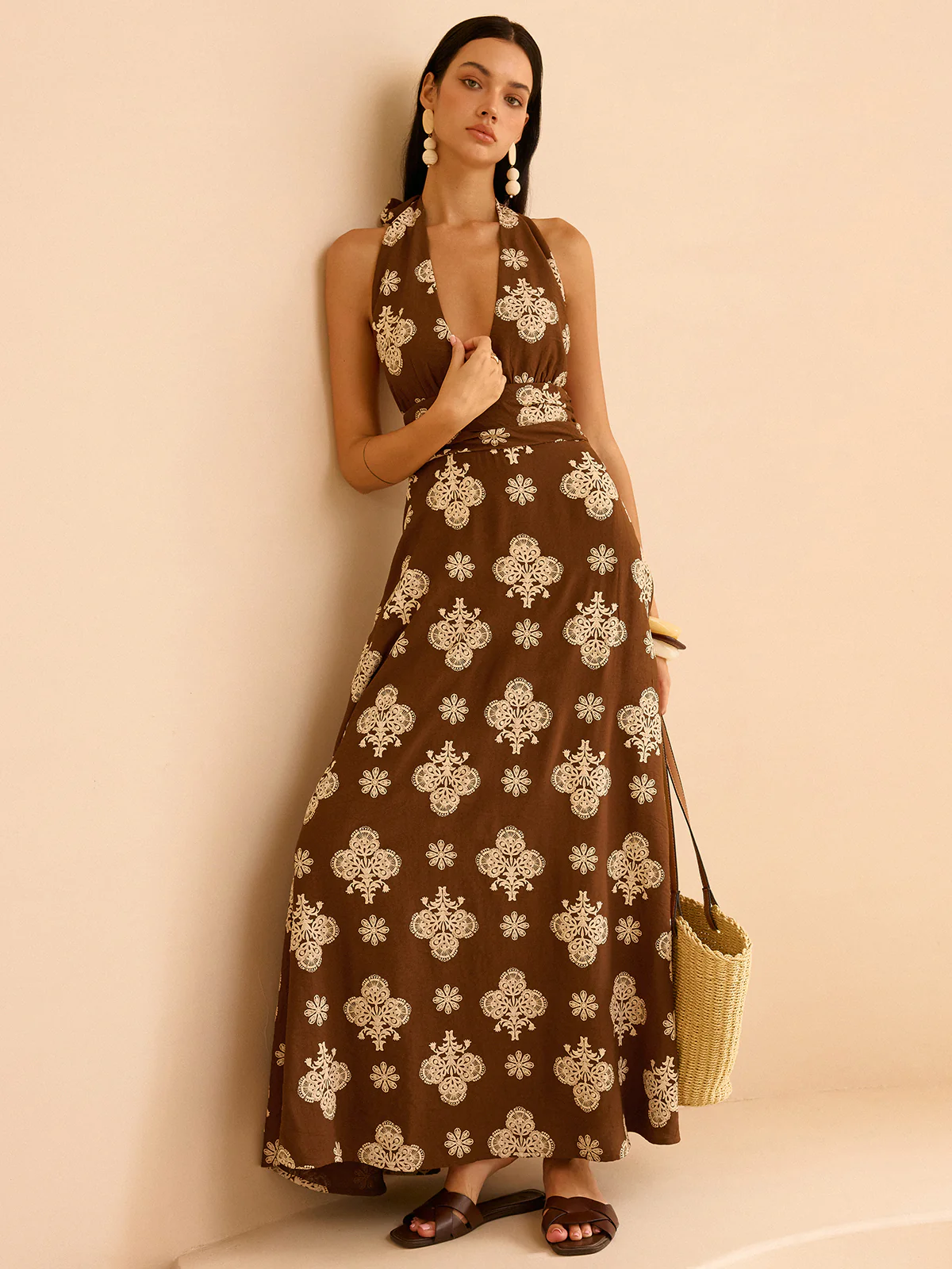 Floral Print Pocketed Halter Neck Maxi Dress - Image 3