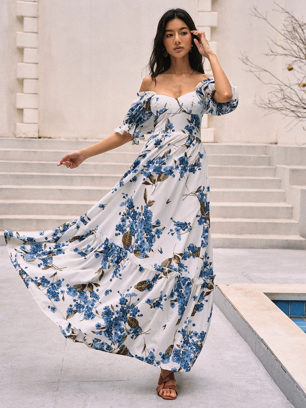 Floral Print Puff Sleeve Long Dress - Image 2