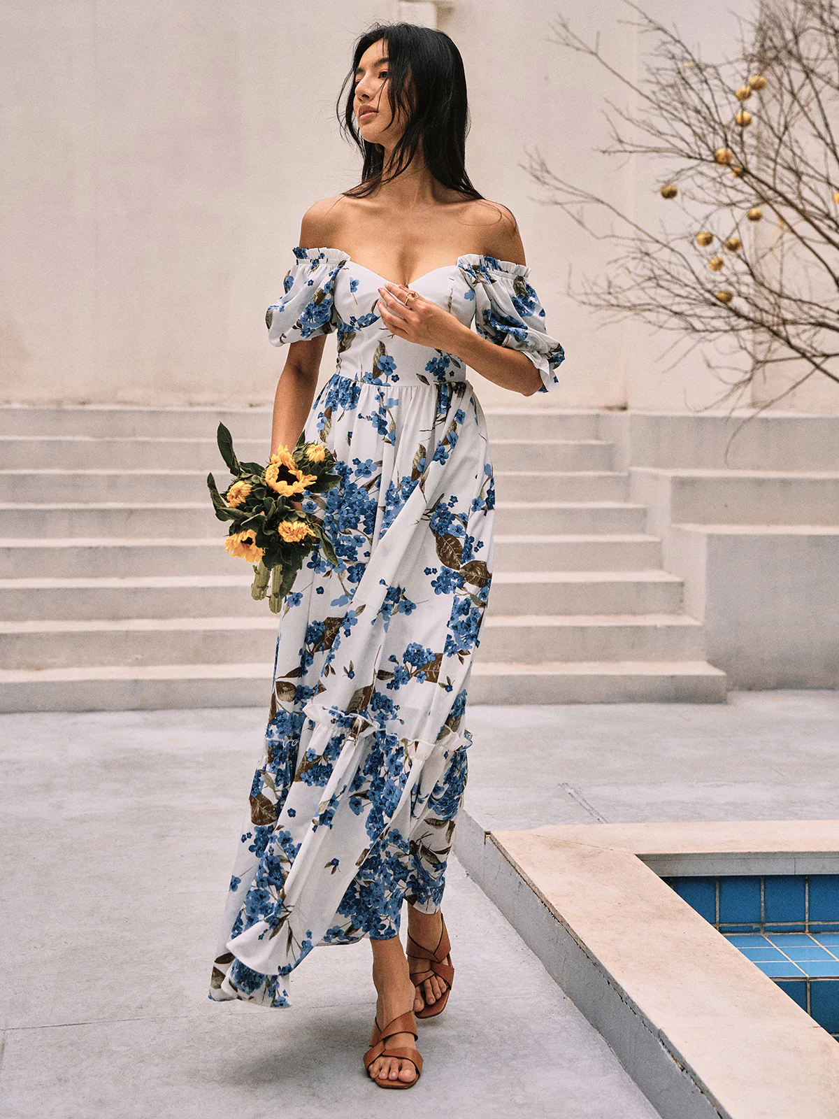 Floral Print Puff Sleeve Long Dress - Image 3