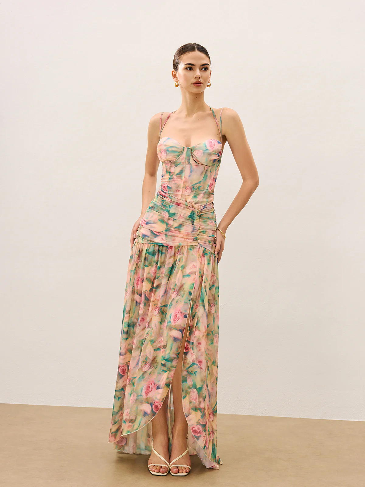 Floral Print Ruched Cami Dress With High Split - Image 5