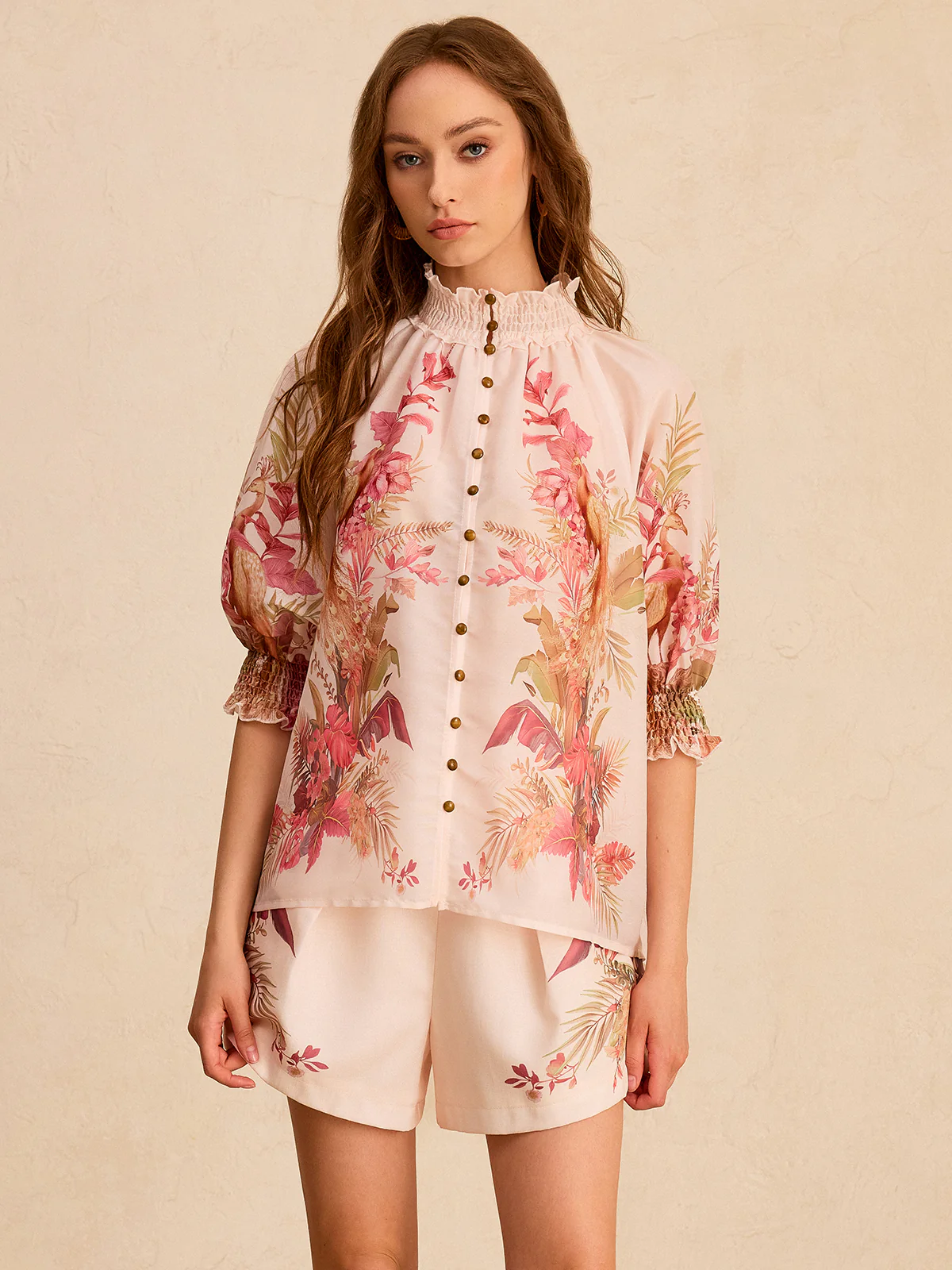 Floral Print Ruffled Mock Neck Blouse - Image 2