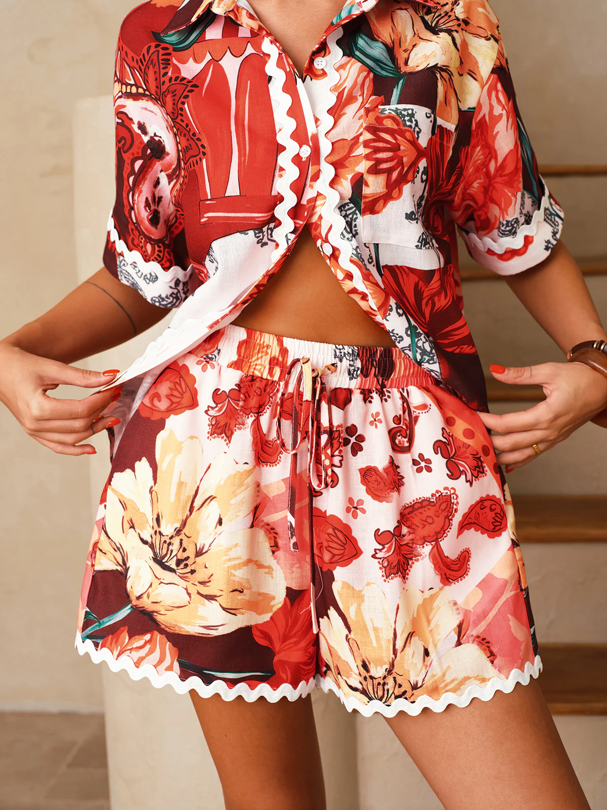 Floral Print Shirt & Drawstring Shorts Set - Image 4