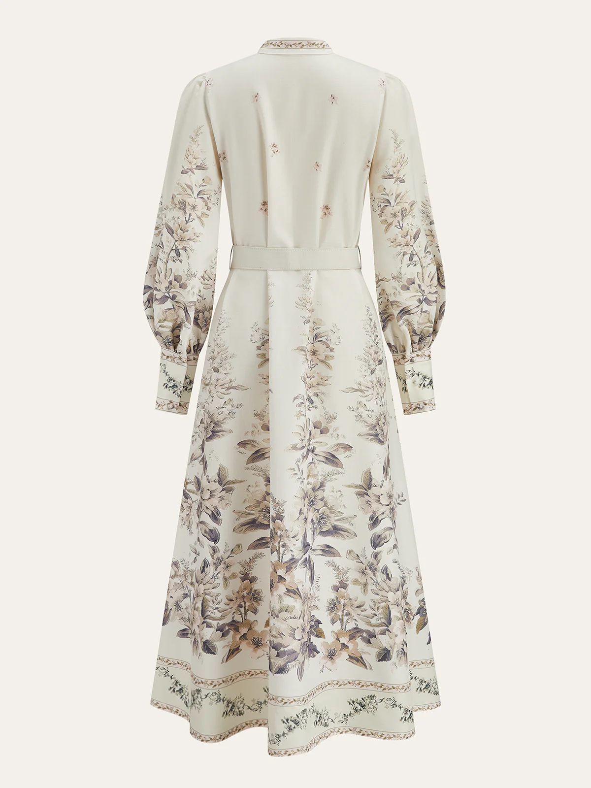 Floral Print Stand Collar Belted Midi Dress - Image 2