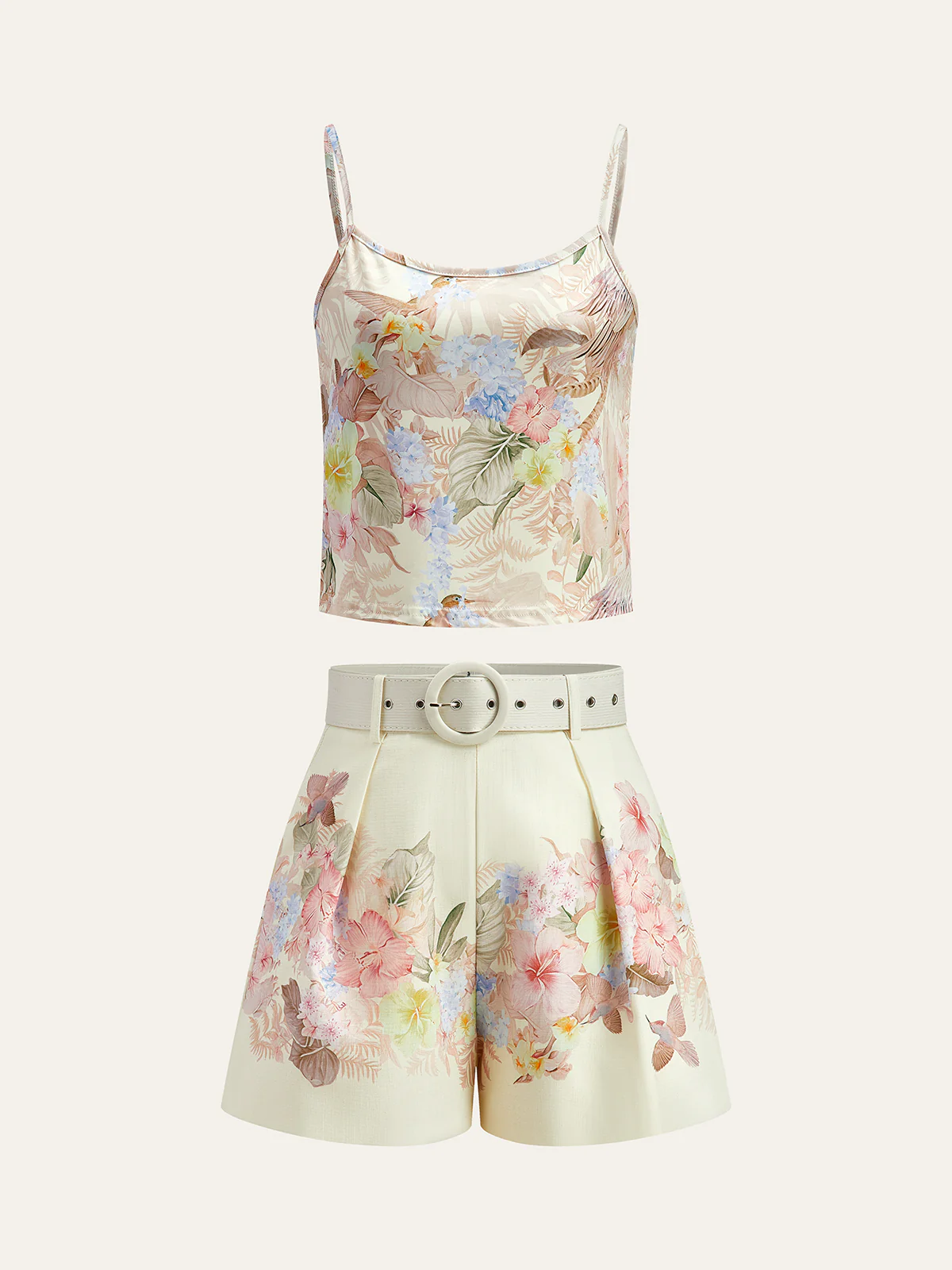 Floral Print Three-Piece Shorts Set With Belt - Image 3