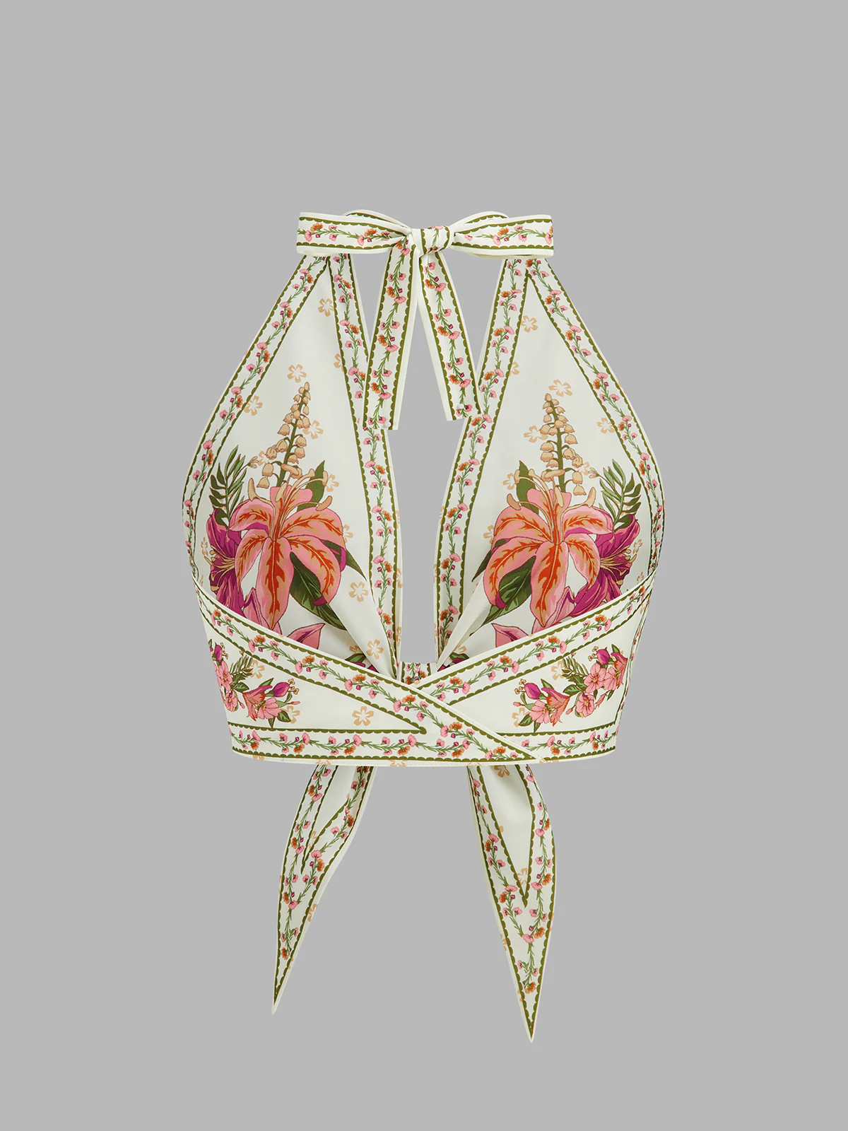 Floral Print Tie Front Cropped Halter Top - Image 3