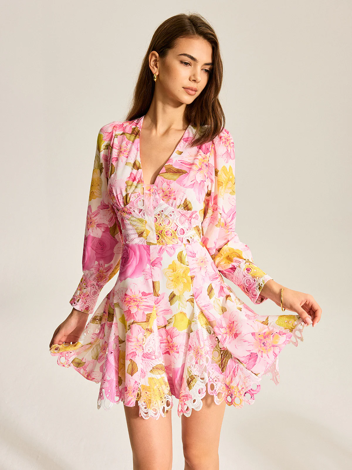 Floral Print V-Neck Dress With Eyelet Detail
