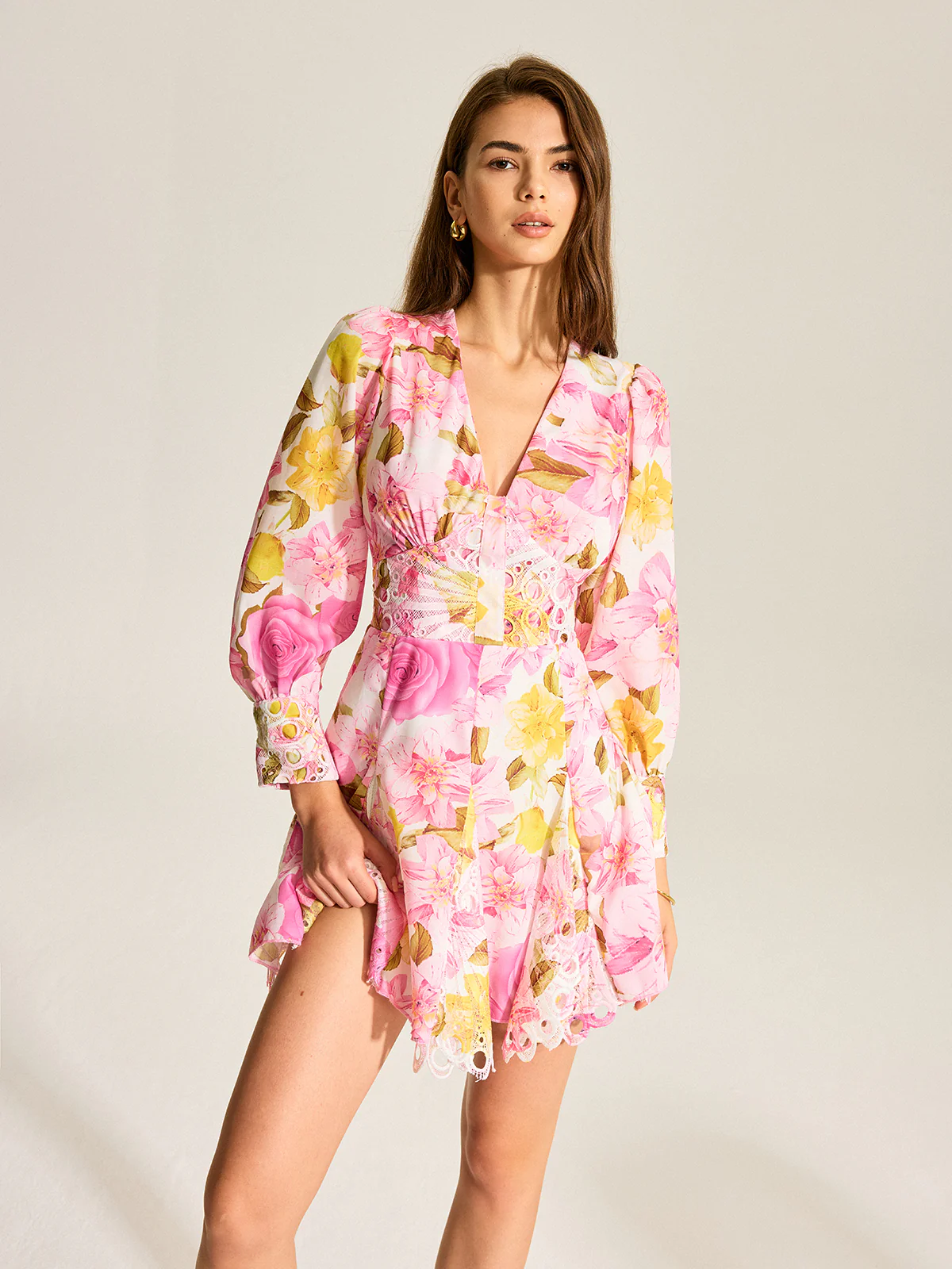Floral Print V-Neck Dress With Eyelet Detail - Image 2