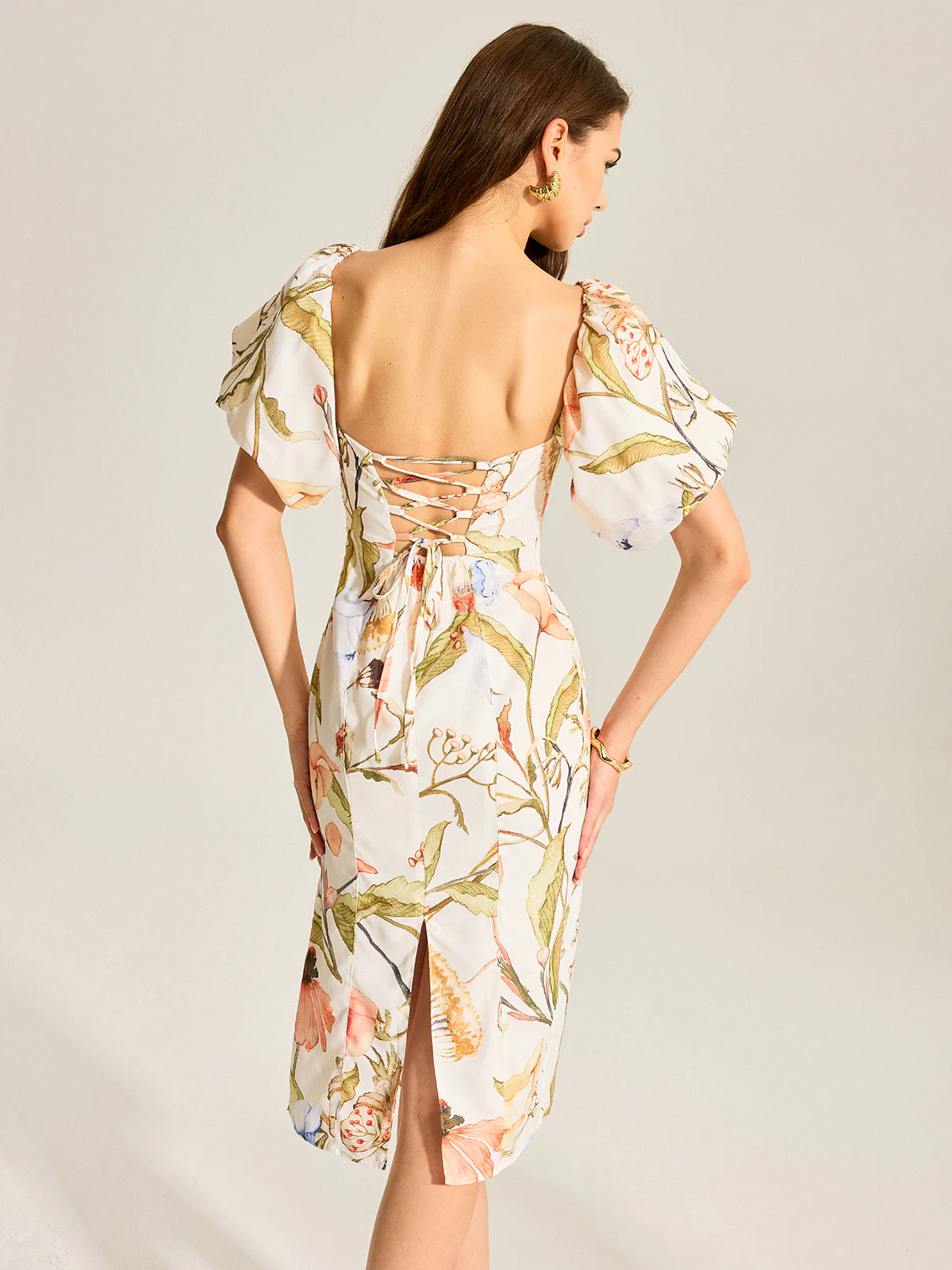 Floral Puff Sleeve Backless Dress - Image 2