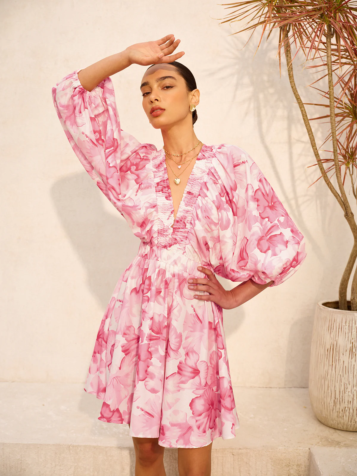 Floral Puff Sleeve Ruched V-Neck Dress - Image 5