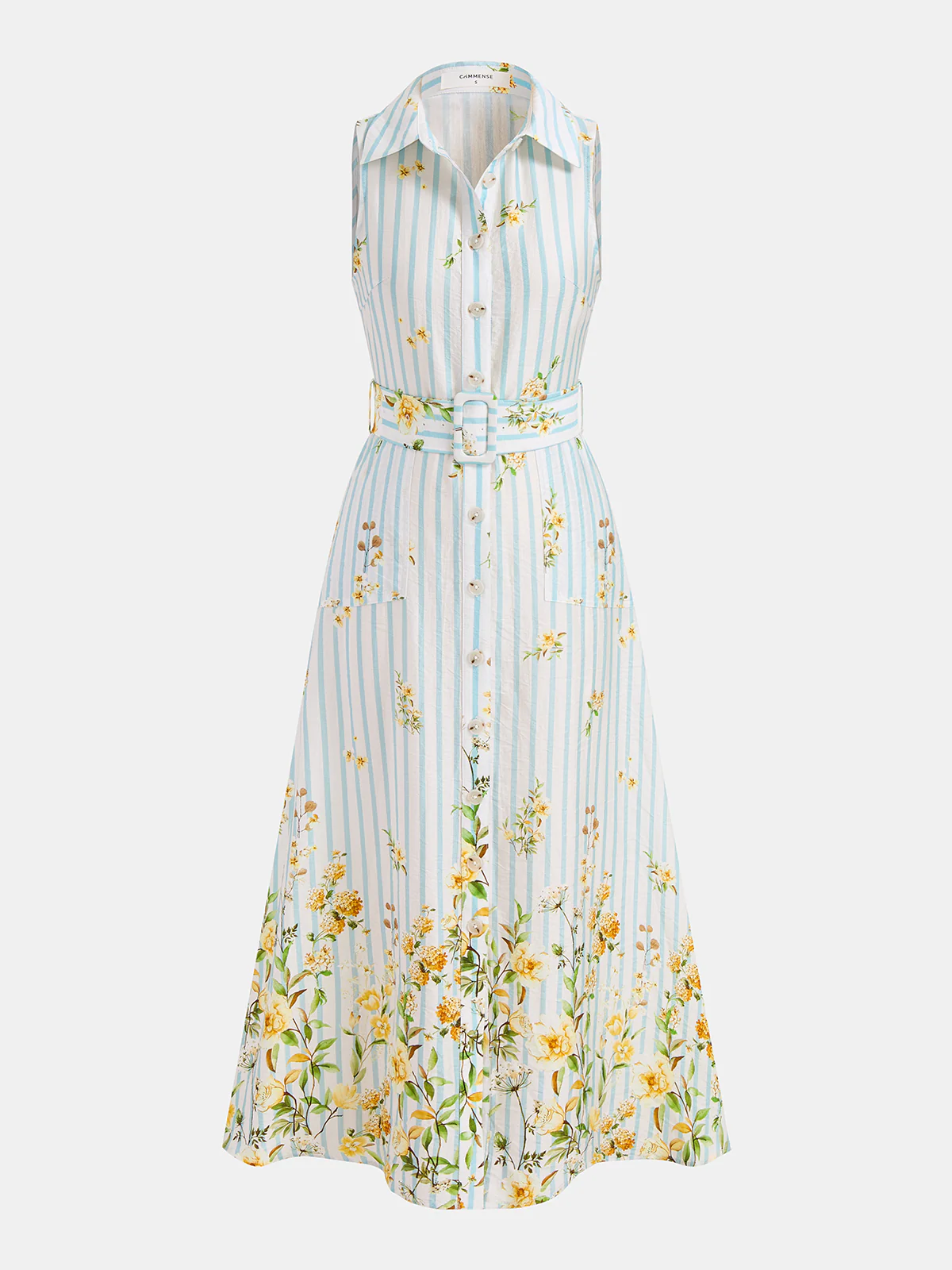 Floral Striped Sleeveless Belted Midi Dress - Image 2