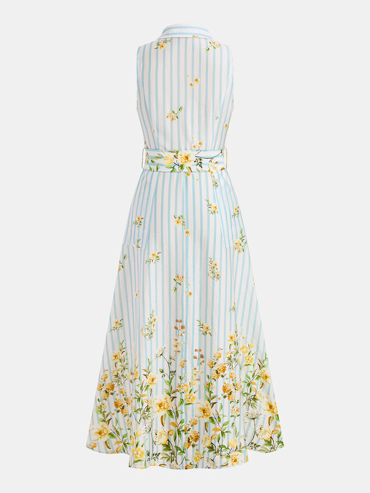 Floral Striped Sleeveless Belted Midi Dress - Image 3