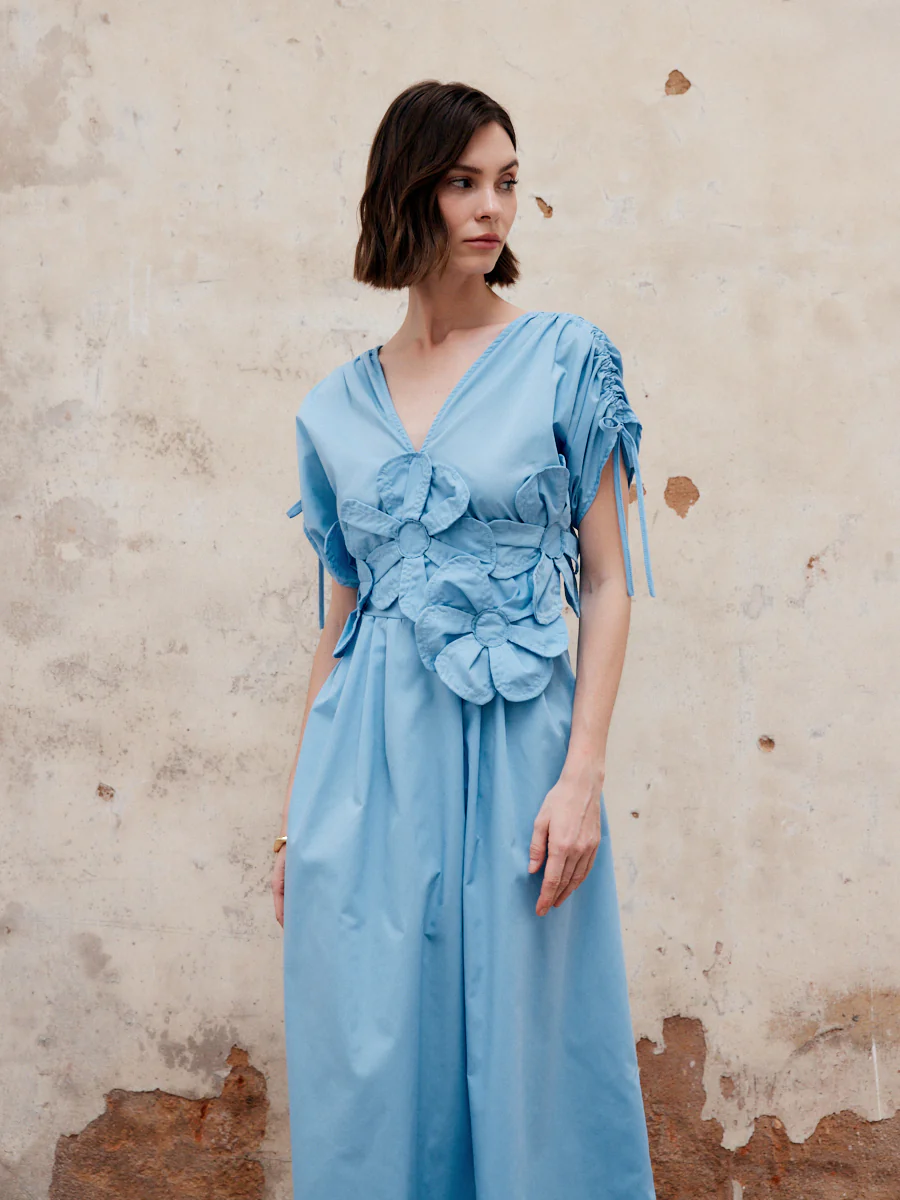 Flower Drawstring V-Neck Long Dress - Image 4
