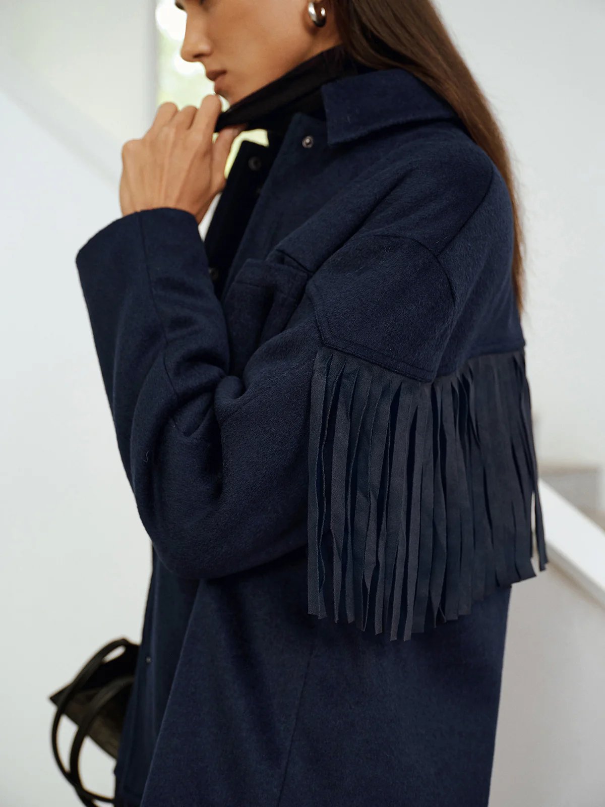 Fringe Detail Wool-Blend Collared Coat - Image 4