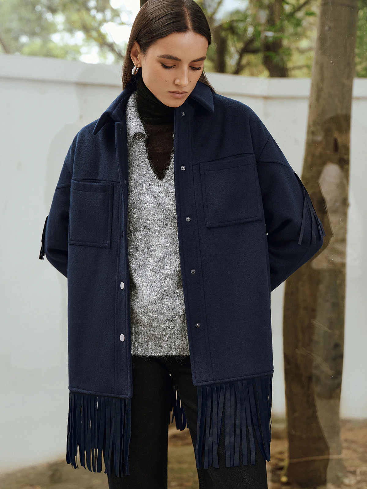 Fringe Detail Wool-Blend Collared Coat - Image 5
