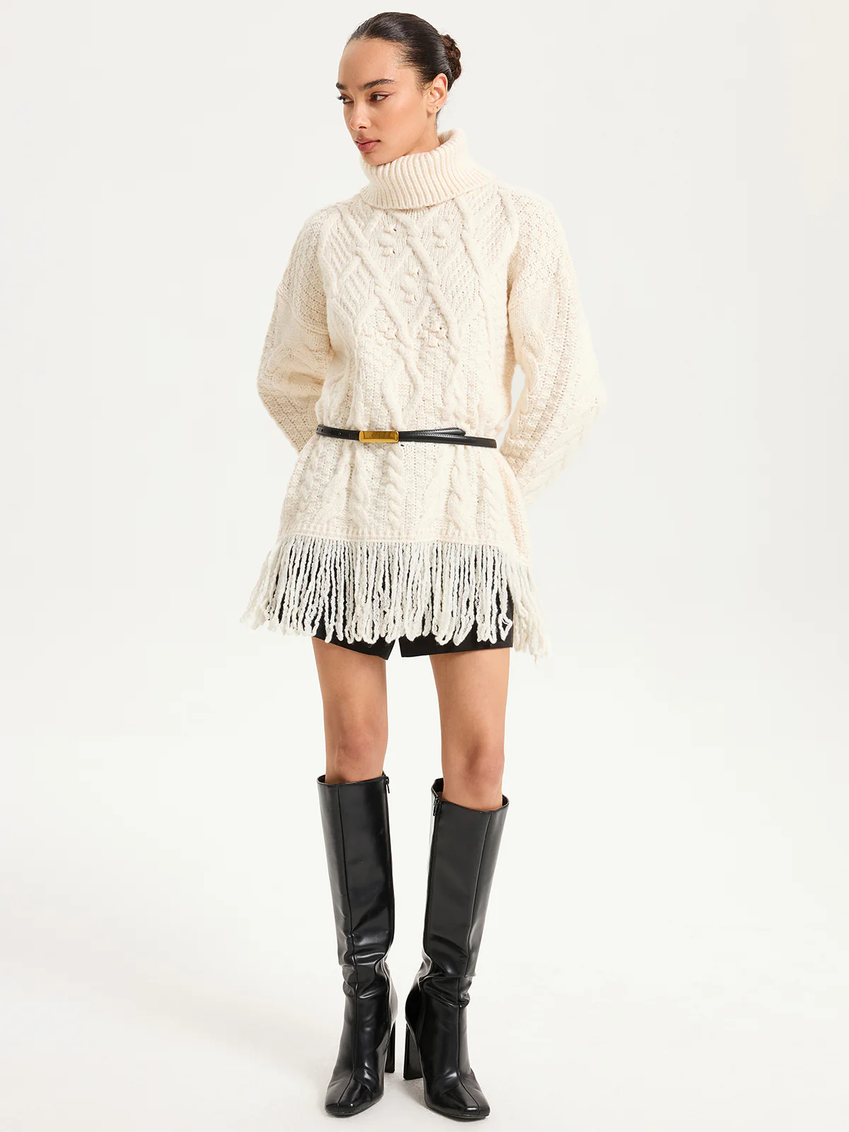 Fringe Hem Cable-Knit Turtleneck Sweater - Image 2