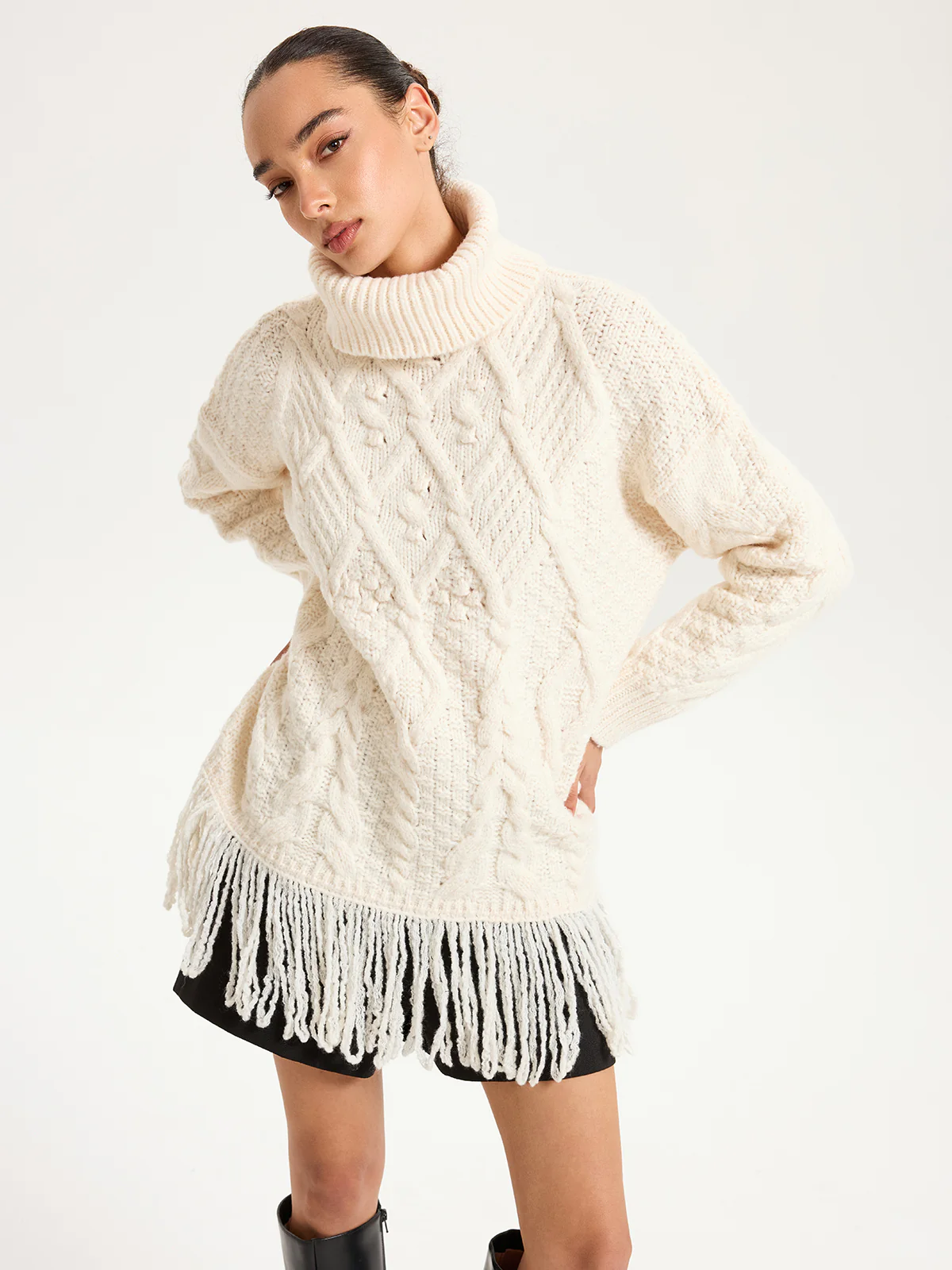 Fringe Hem Cable-Knit Turtleneck Sweater - Image 3