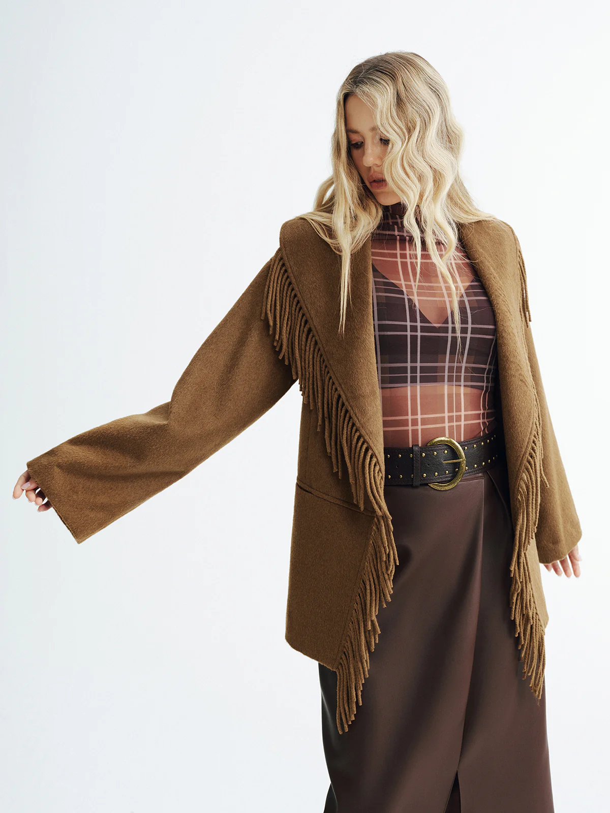 Fringed Belted Fleece Coat - Image 4